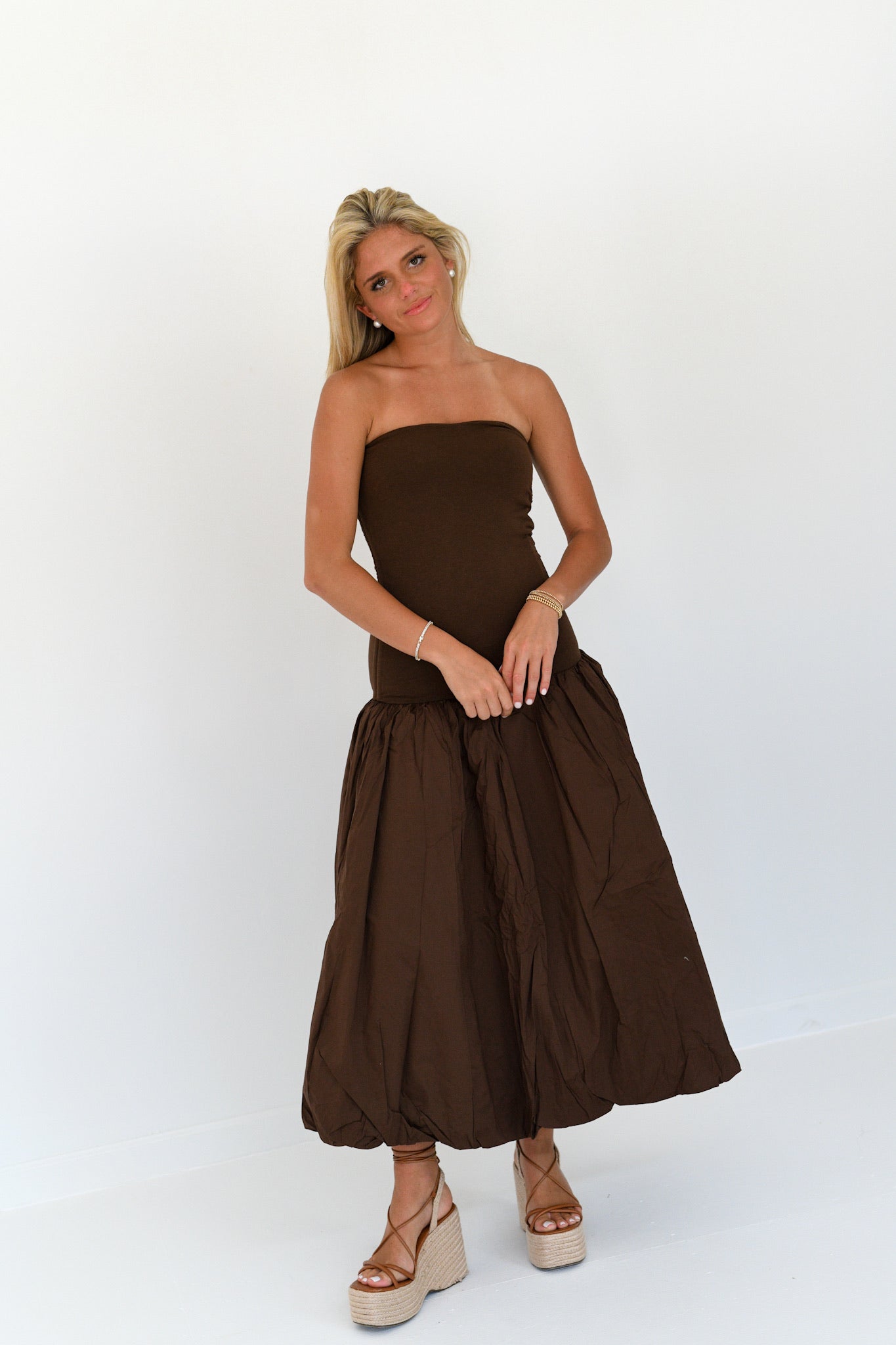 Amy Drop Waist  Midi Dress - Chocolate Brown