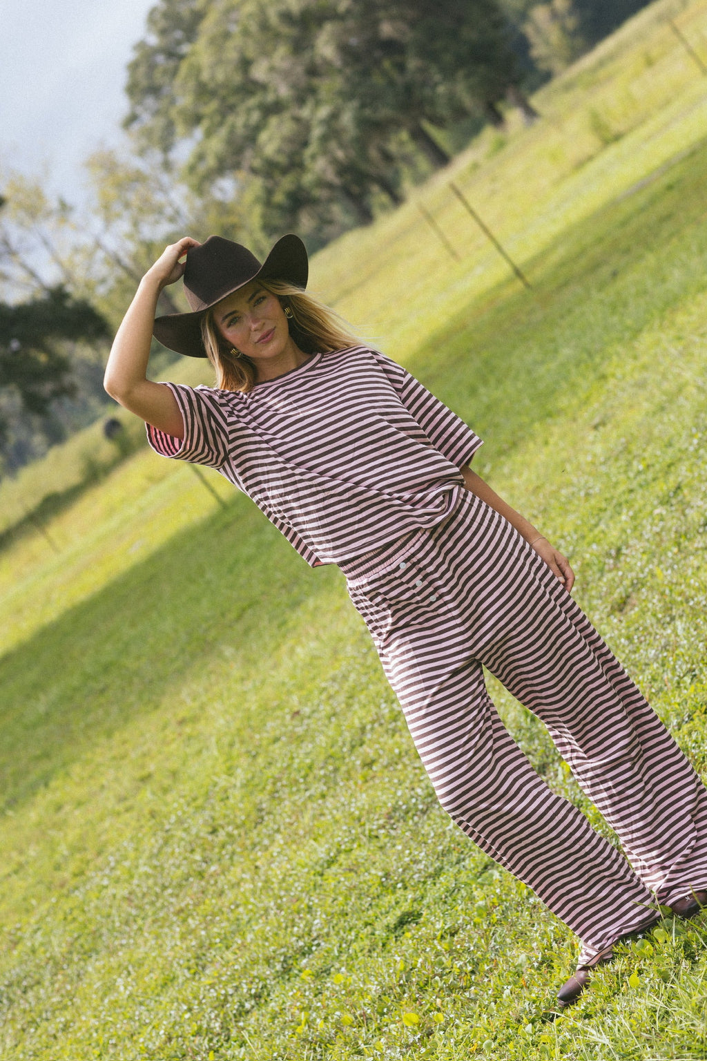 Fancy Striped Button Pants - Peony/Chocolate