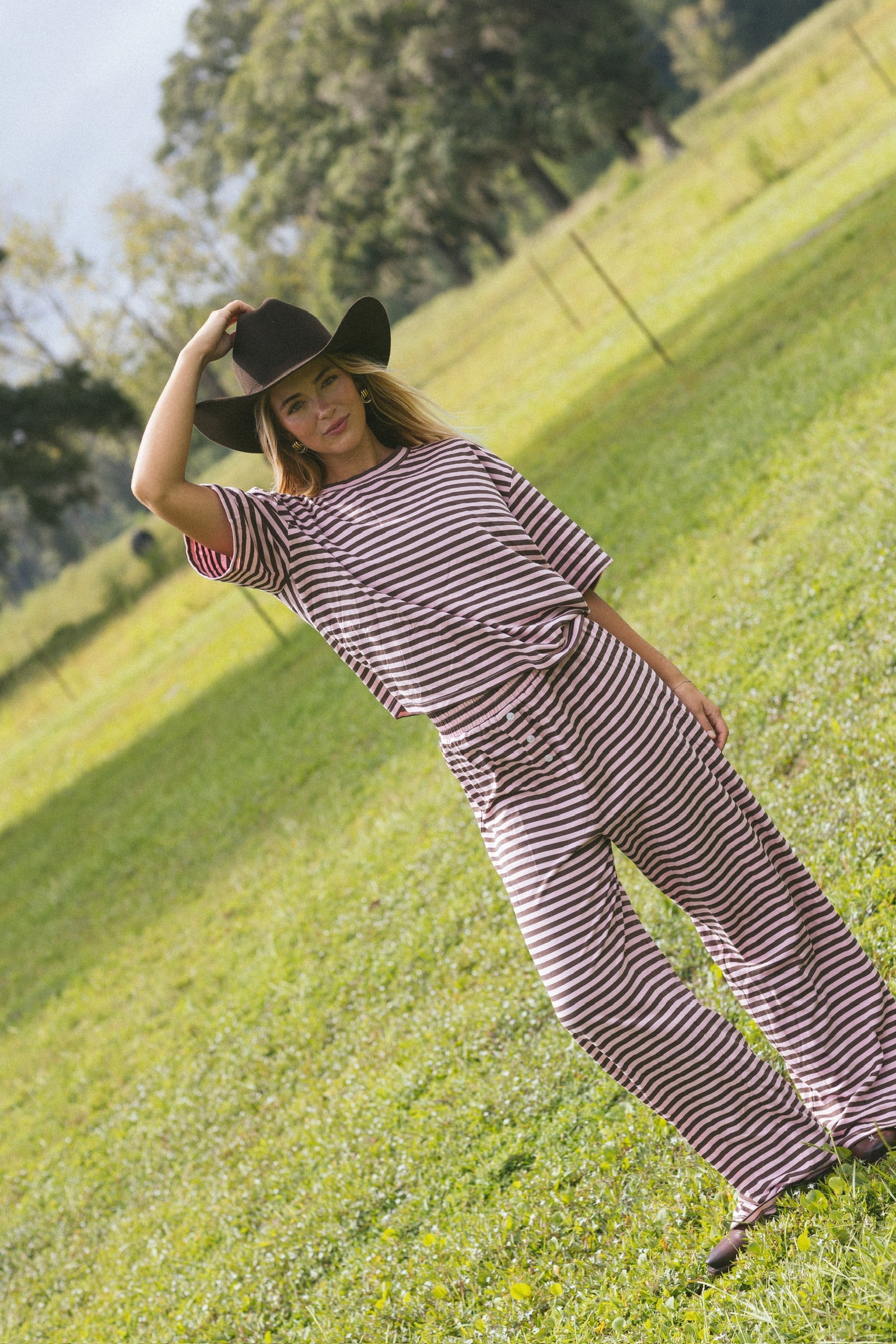 Fancy Striped Button Pants - Peony/Chocolate