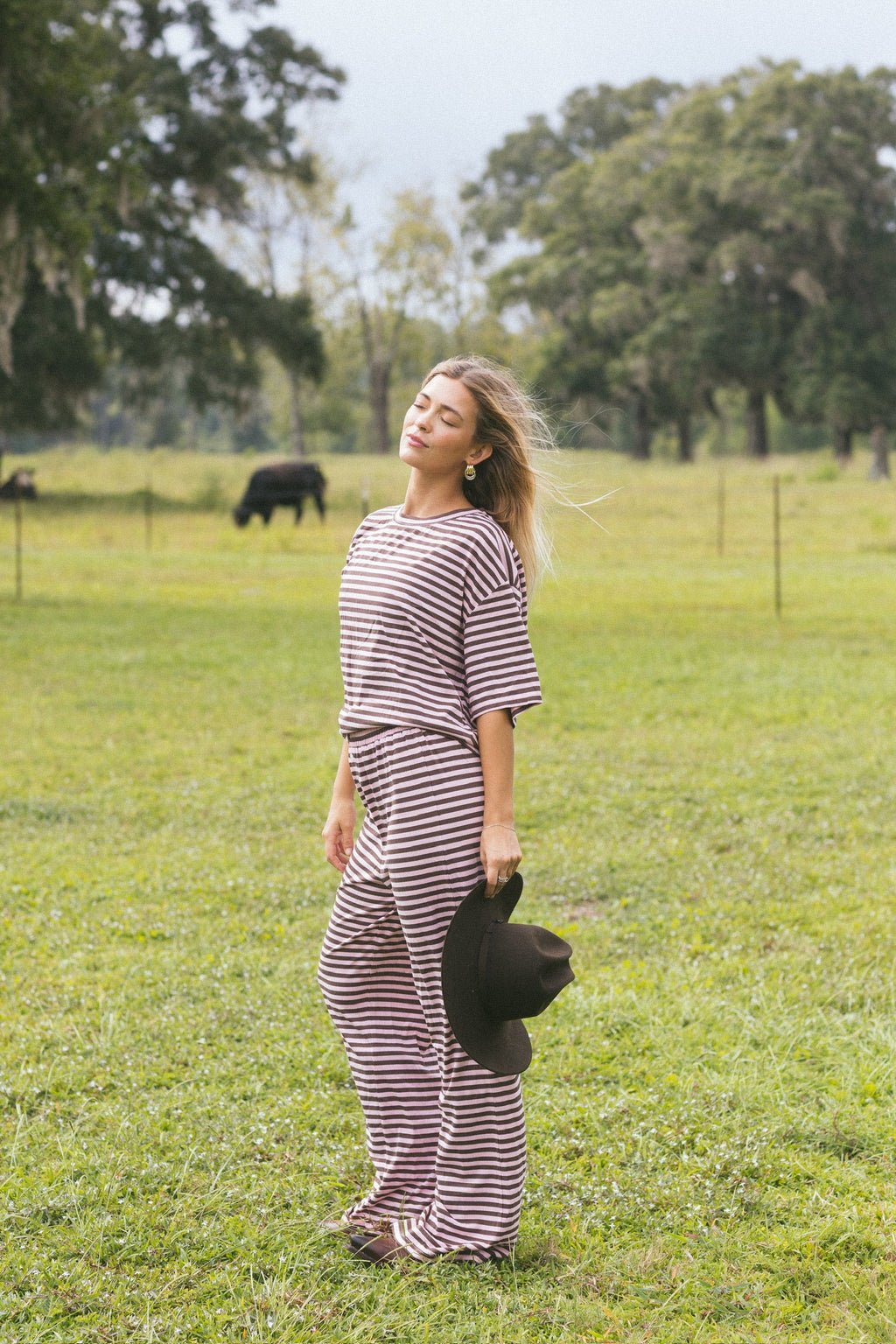 Fancy Striped Oversized Short Sleeve Top - Peony/Chocolate