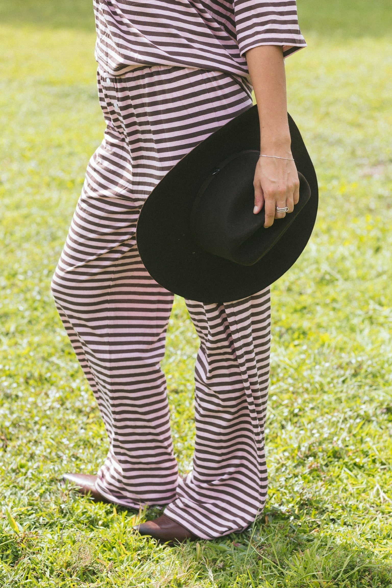 Fancy Striped Button Pants - Peony/Chocolate
