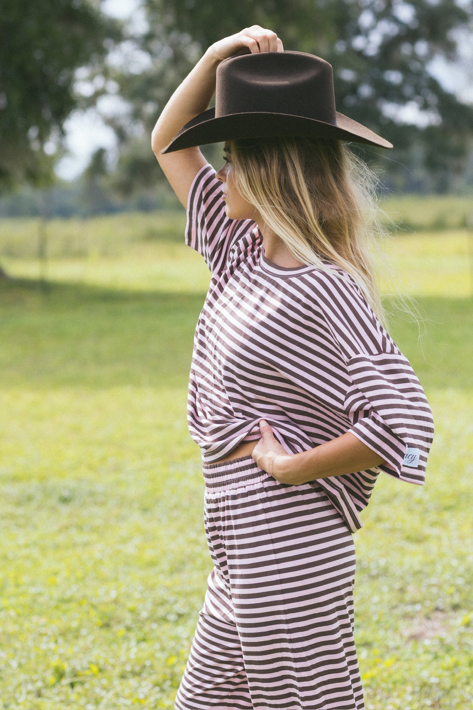 Fancy Striped Oversized Short Sleeve Top - Peony/Chocolate