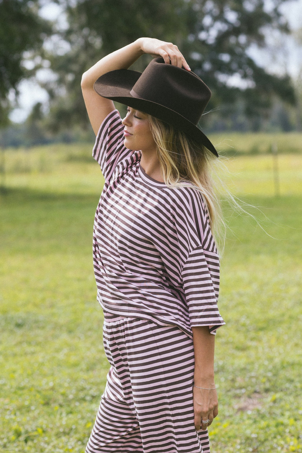 Fancy Striped Oversized Short Sleeve Top - Peony/Chocolate
