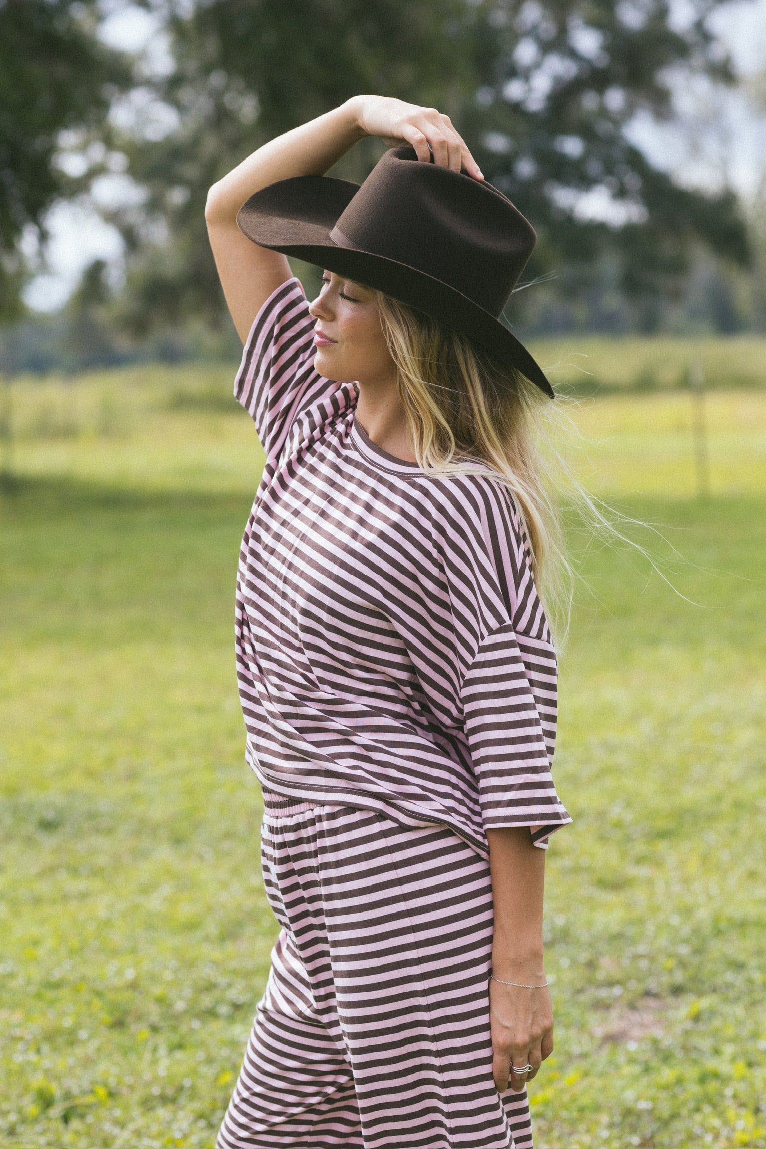 Fancy Striped Oversized Short Sleeve Top - Peony/Chocolate