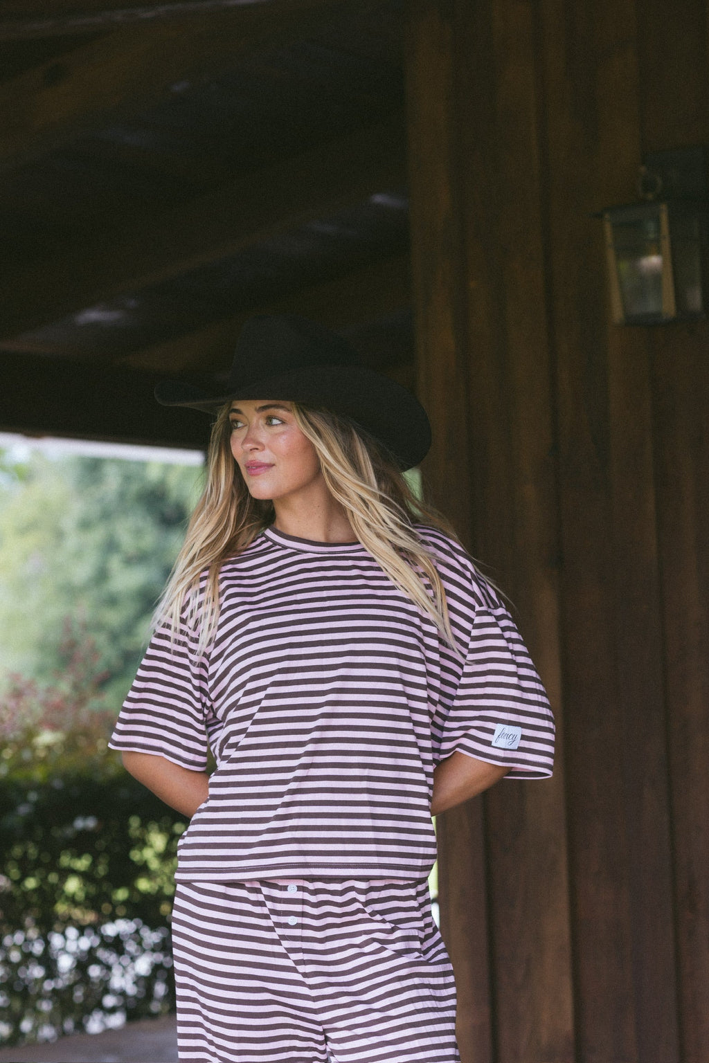 Fancy Striped Oversized Short Sleeve Top - Peony/Chocolate