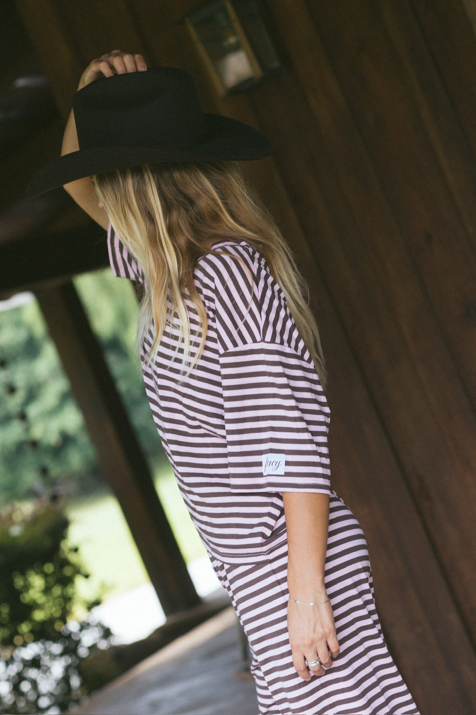 Fancy Striped Oversized Short Sleeve Top - Peony/Chocolate