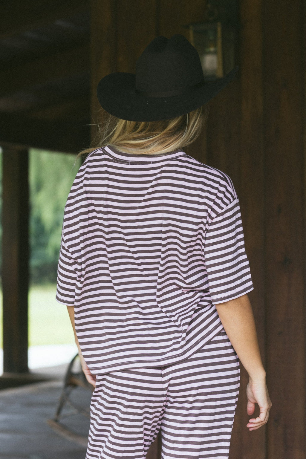 Fancy Striped Oversized Short Sleeve Top - Peony/Chocolate