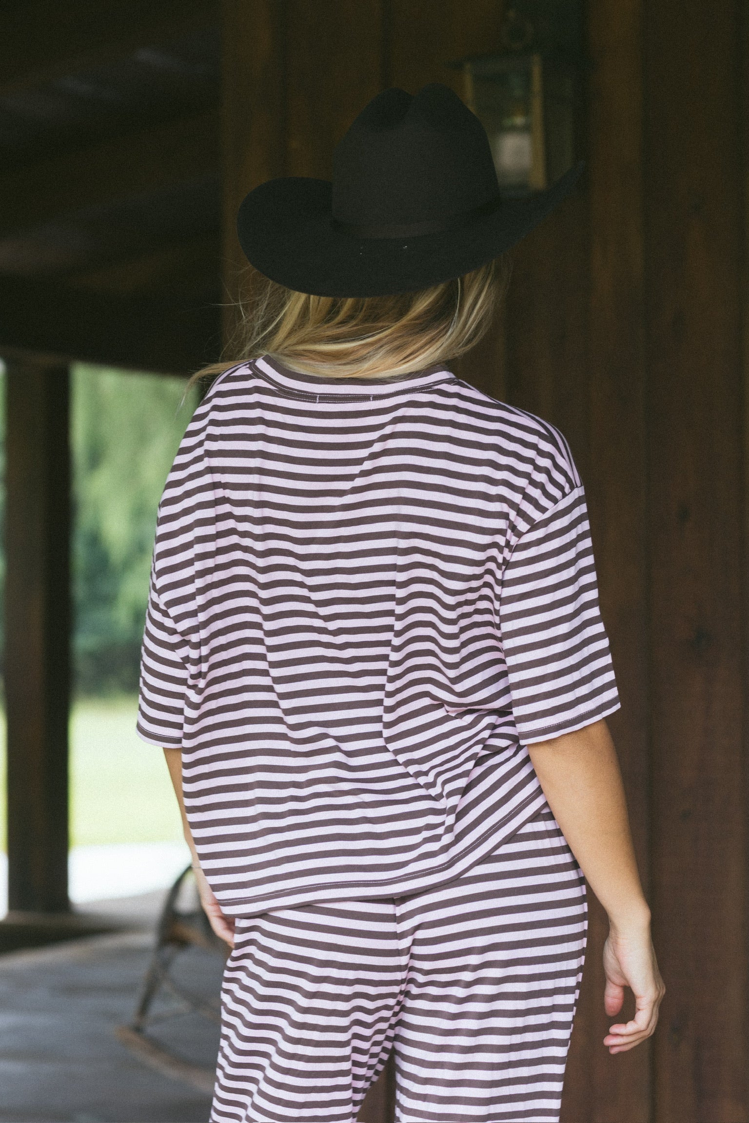 Fancy Striped Oversized Short Sleeve Top - Peony/Chocolate