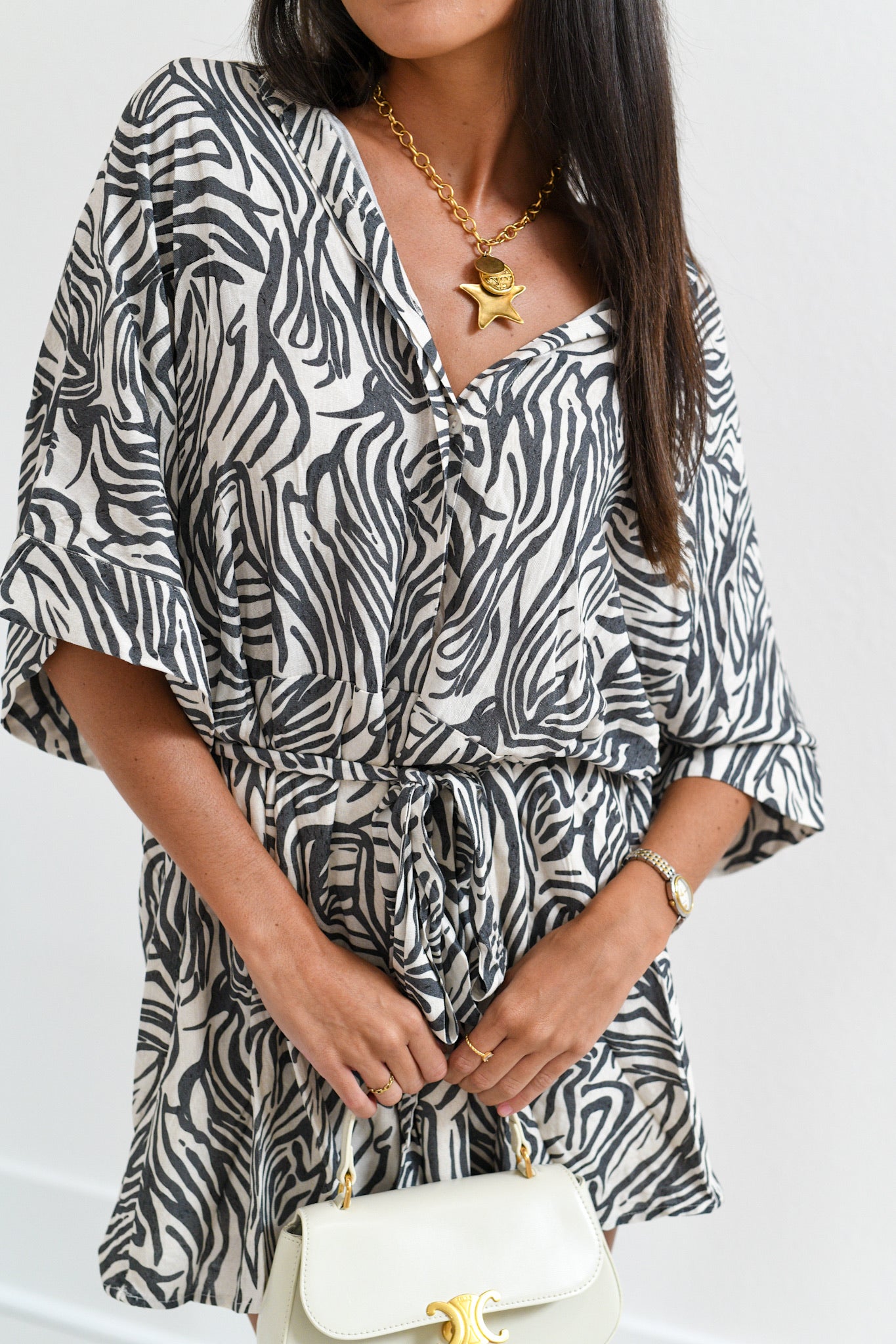 Zoe Zebra Print Oversized Belted Romper - Charcoal