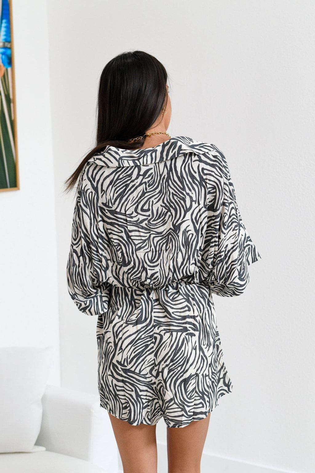 Zoe Zebra Print Oversized Belted Romper - Charcoal