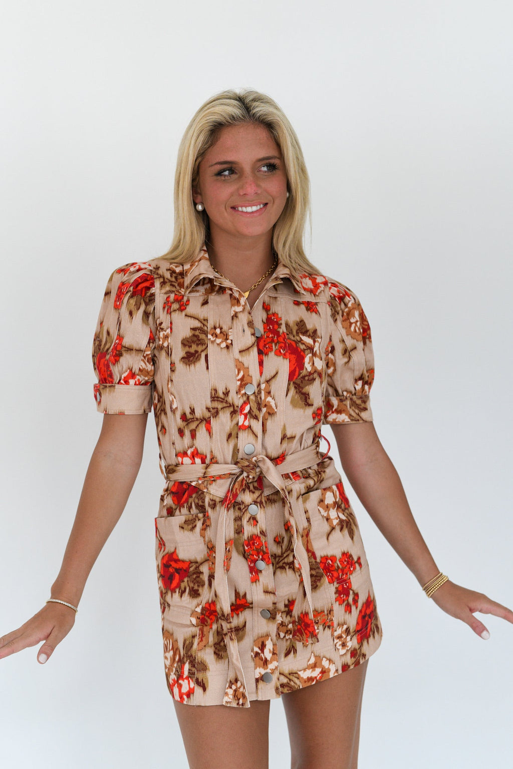 Allison Floral Mini Dress - Taupe/Red