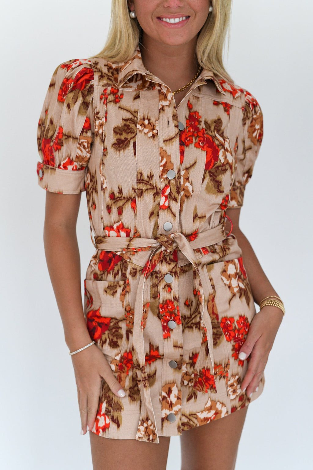 Allison Floral Mini Dress - Taupe/Red