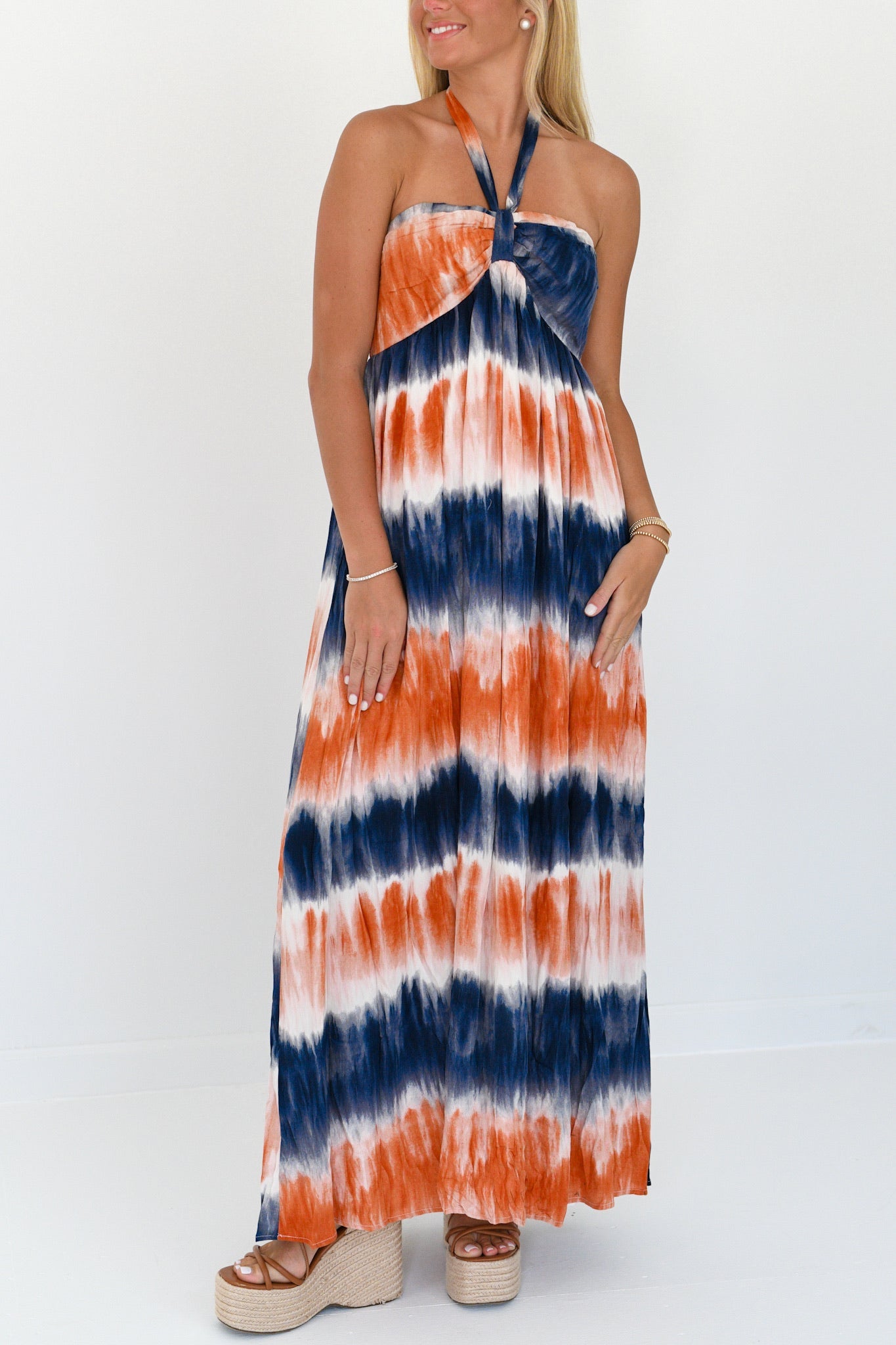 Evie Halter Neck Tie-Dye Maxi Dress - Orange/Navy