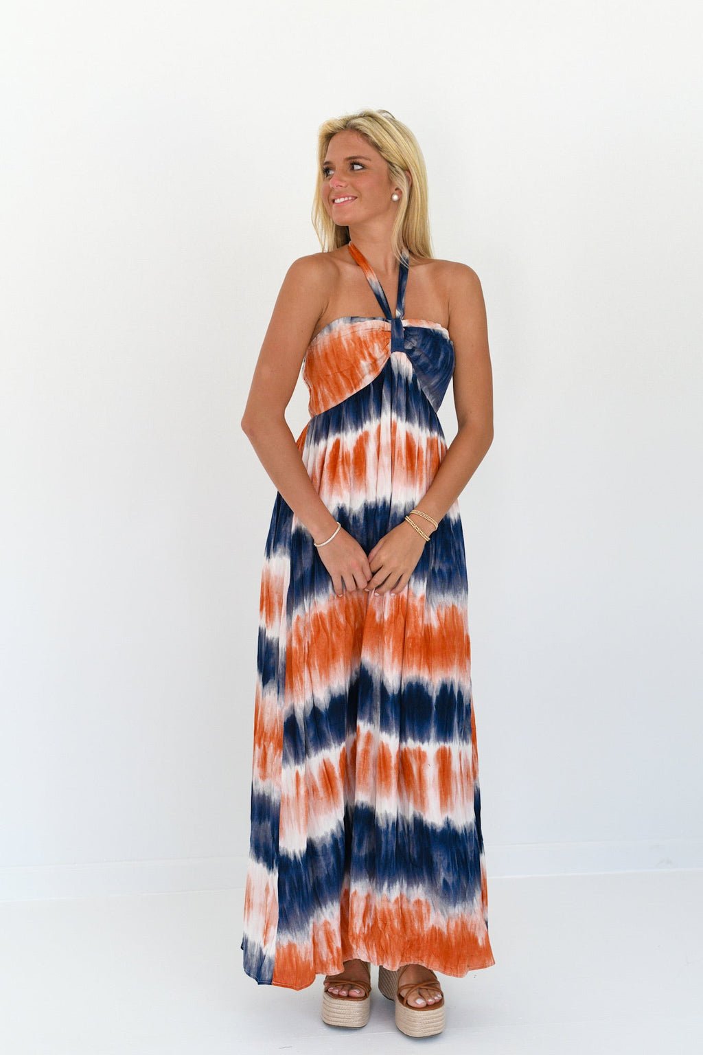 Evie Halter Neck Tie-Dye Maxi Dress - Orange/Navy