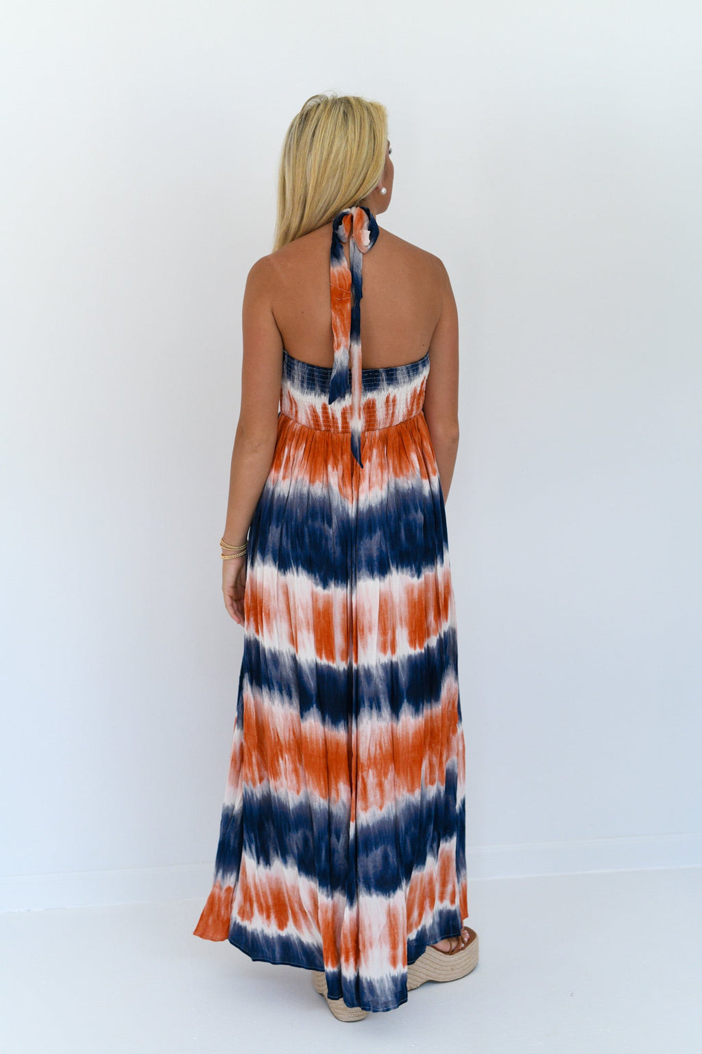 Evie Halter Neck Tie-Dye Maxi Dress - Orange/Navy