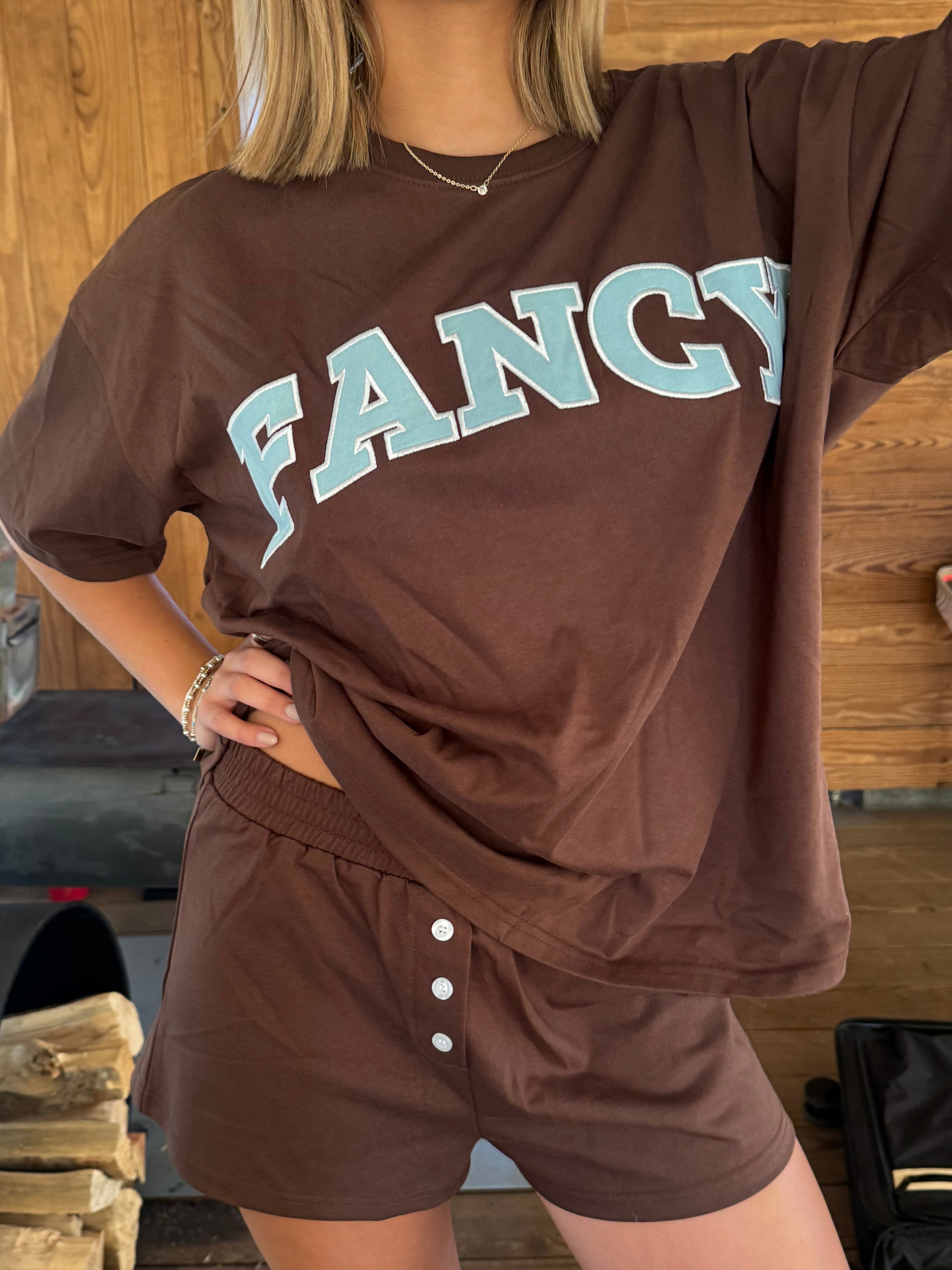 Fancy Oversized Embroidered Tee - Chocolate