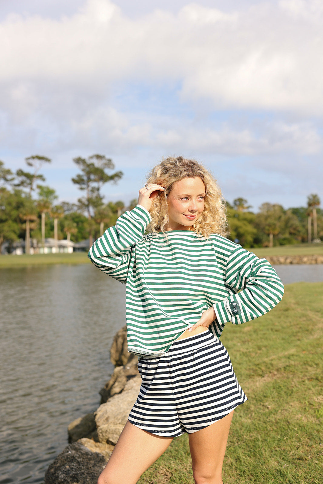Fancy Oversized Striped Long Sleeve Top - Green/White