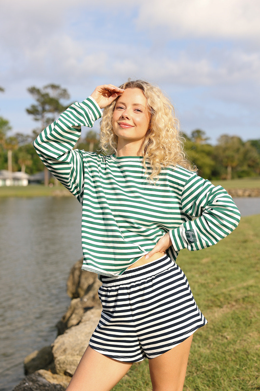 Fancy Oversized Striped Long Sleeve Top - Green/White