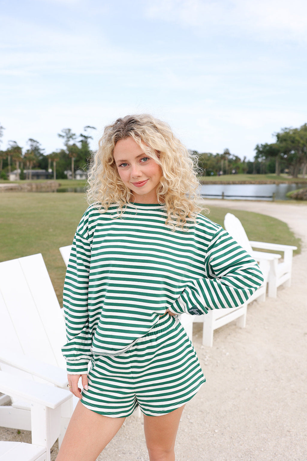 Fancy Oversized Striped Long Sleeve Top - Green/White