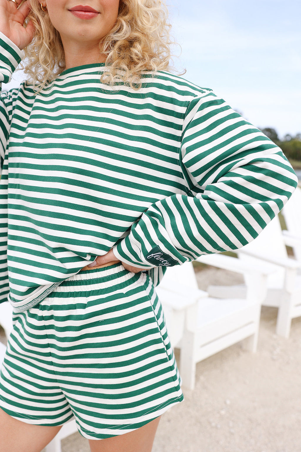 Fancy Oversized Striped Long Sleeve Top - Green/White