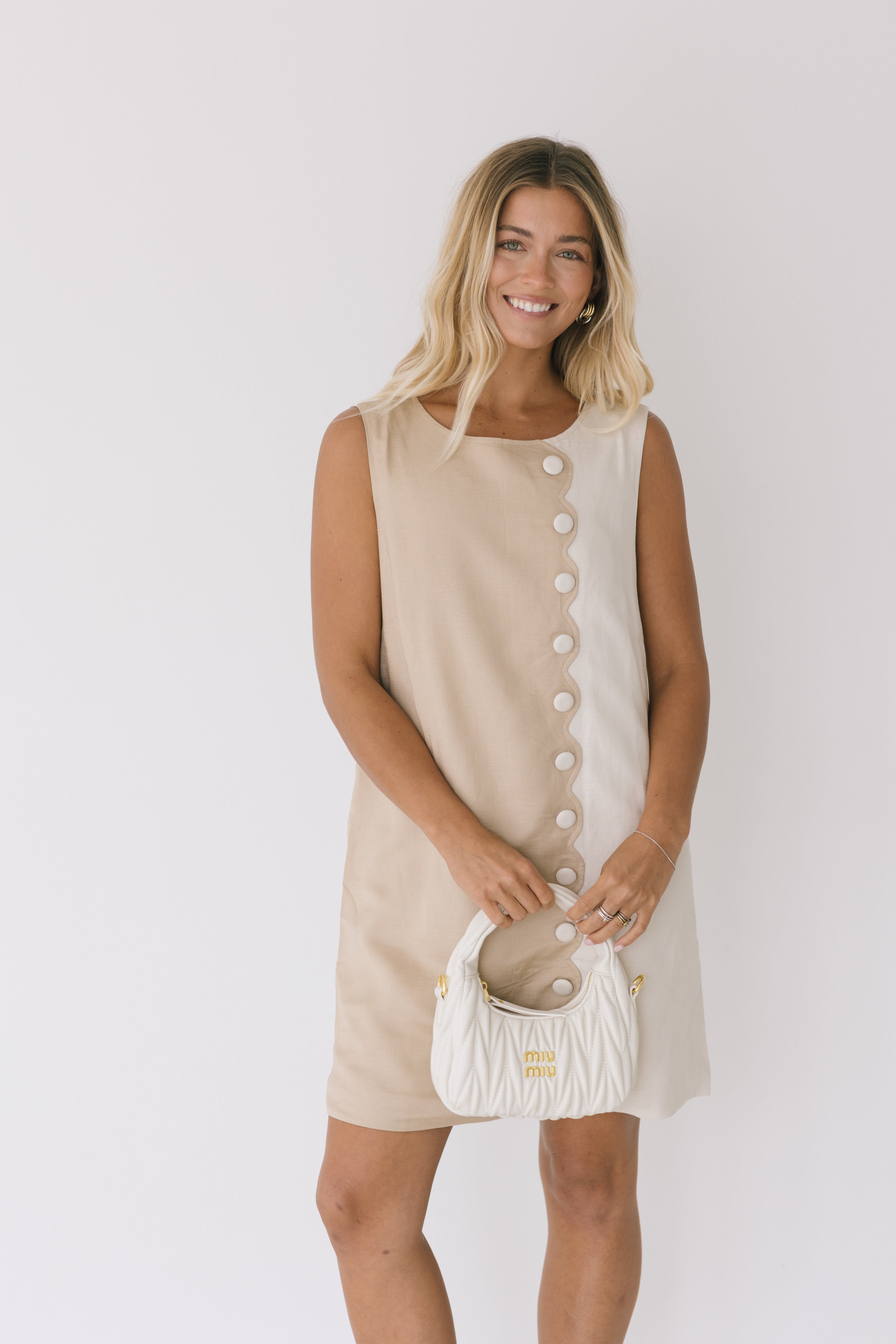 Anne Scallop Button Detail Mini Dress - Ecru/Sand