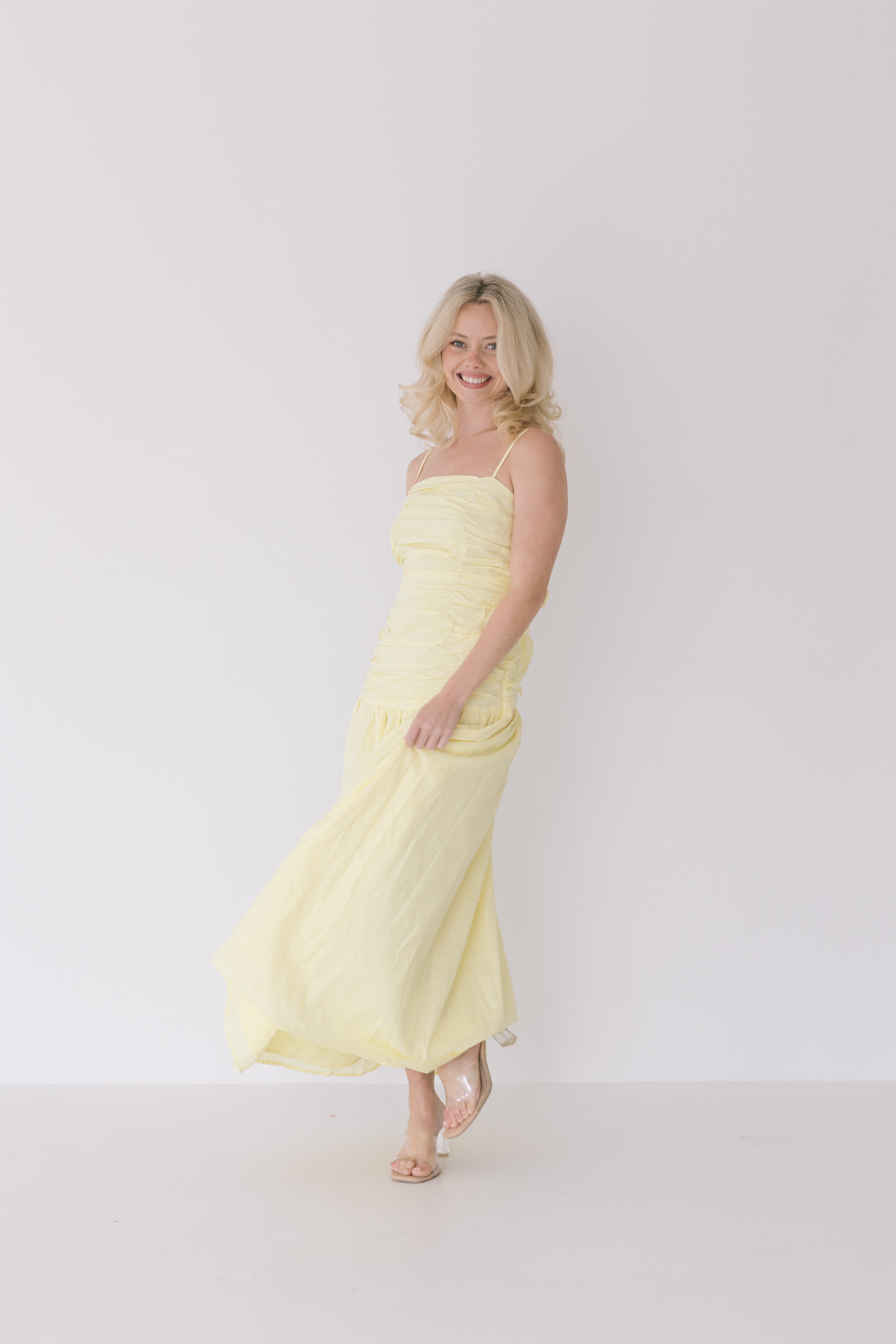Verity Ruched Linen Maxi Dress - Yellow