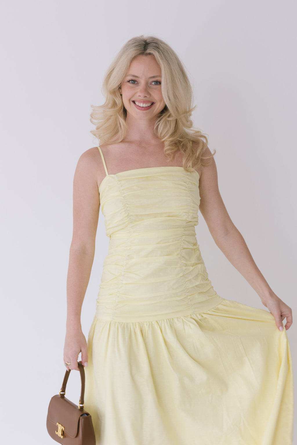 Verity Ruched Linen Maxi Dress - Yellow