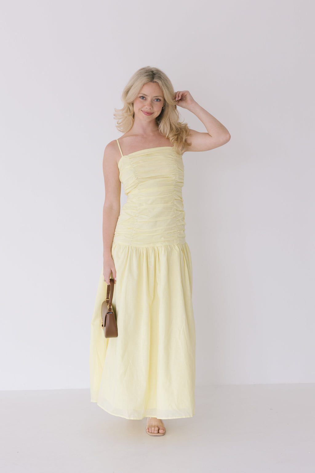 Verity Ruched Linen Maxi Dress - Yellow
