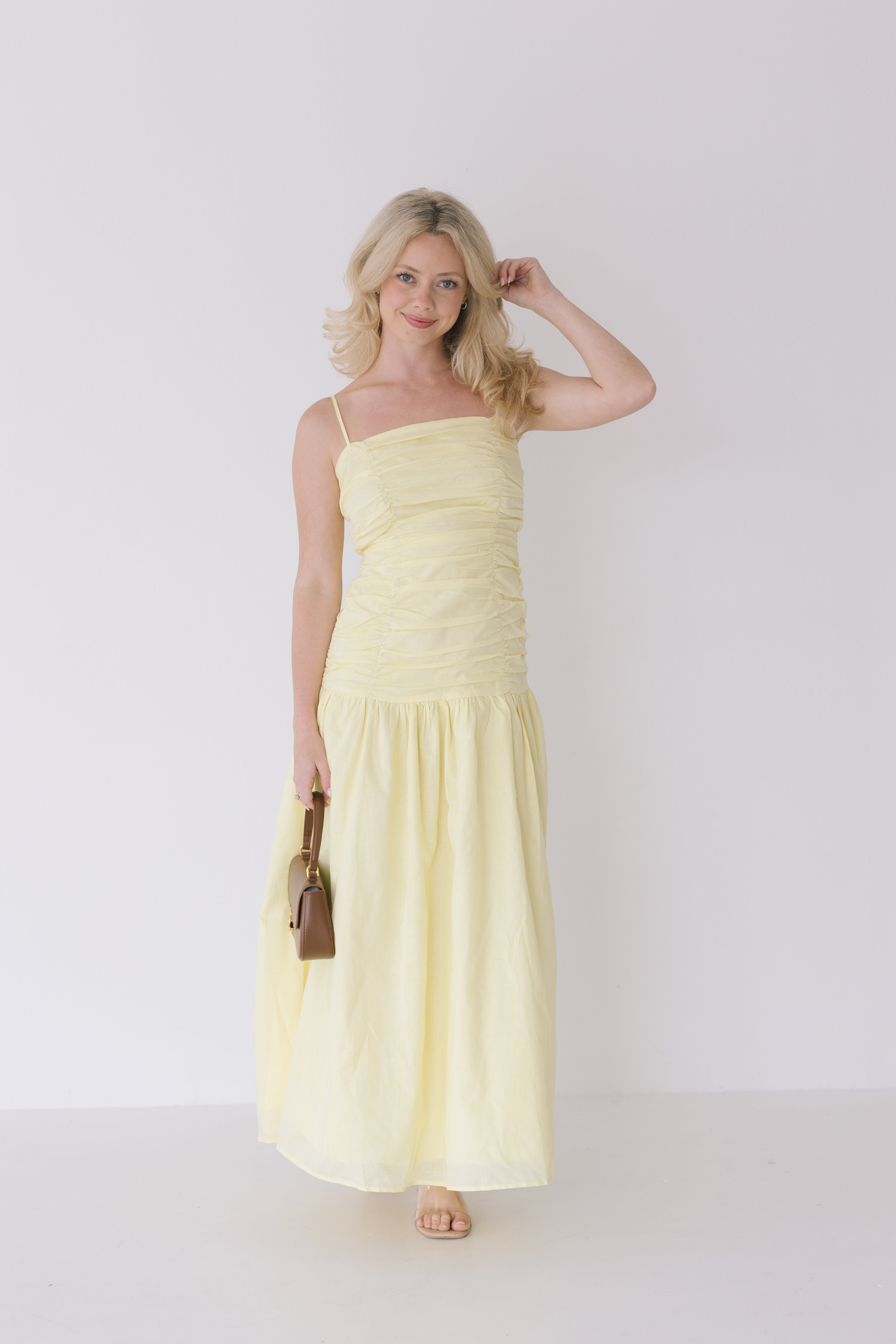 Verity Ruched Linen Maxi Dress - Yellow