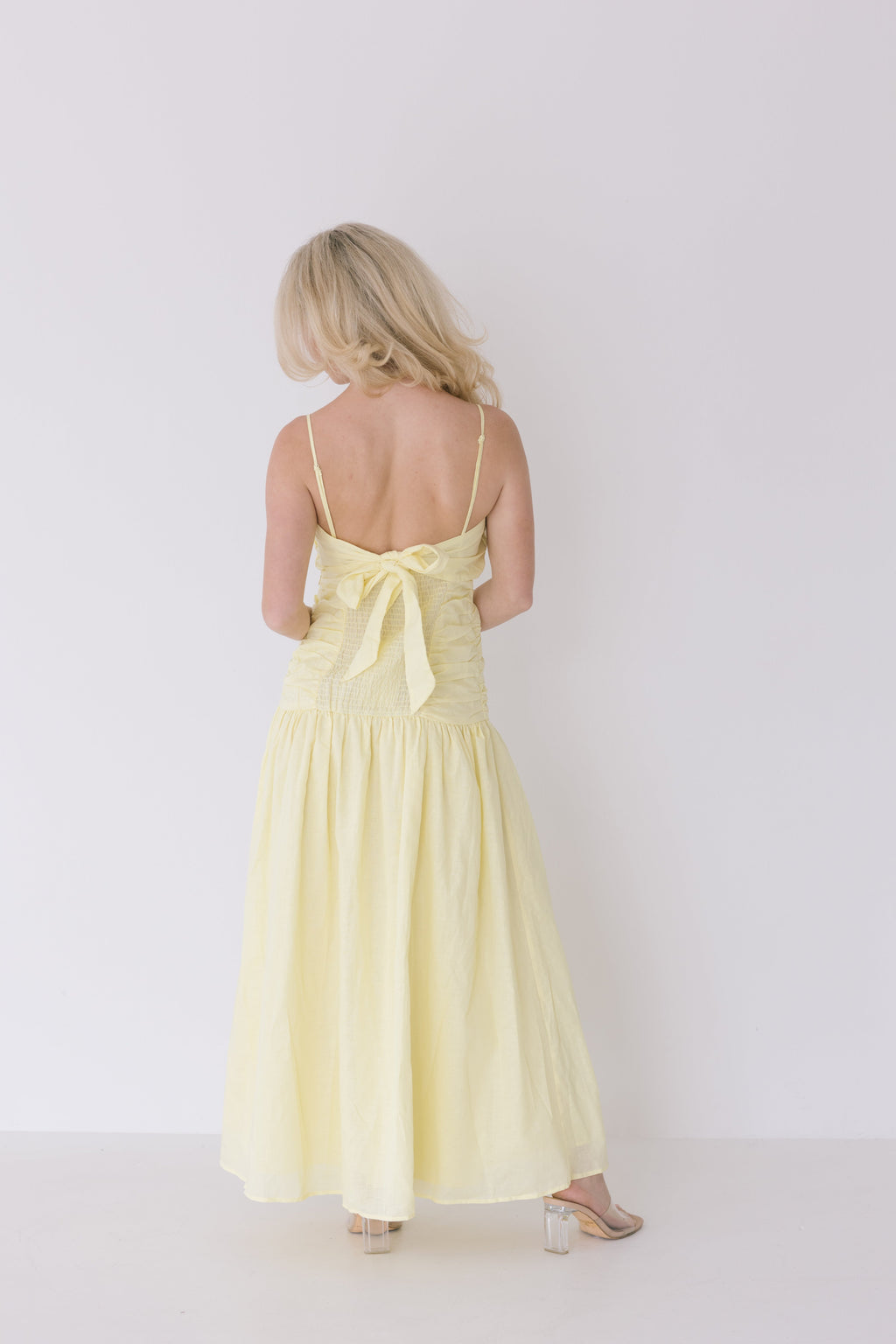 Verity Ruched Linen Maxi Dress - Yellow