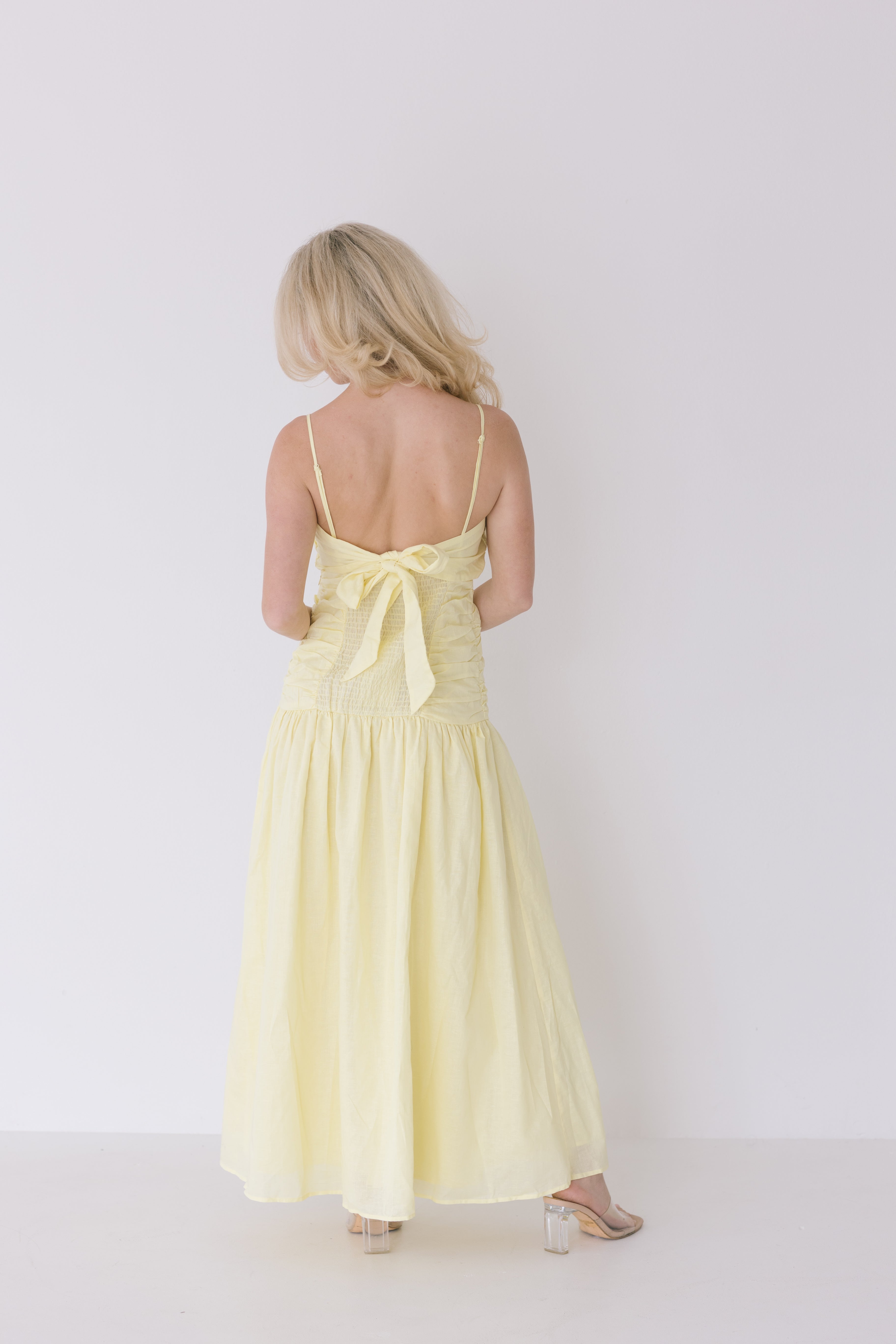 Verity Ruched Linen Maxi Dress - Yellow