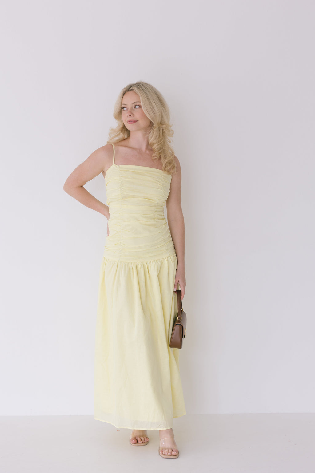 Verity Ruched Linen Maxi Dress - Yellow
