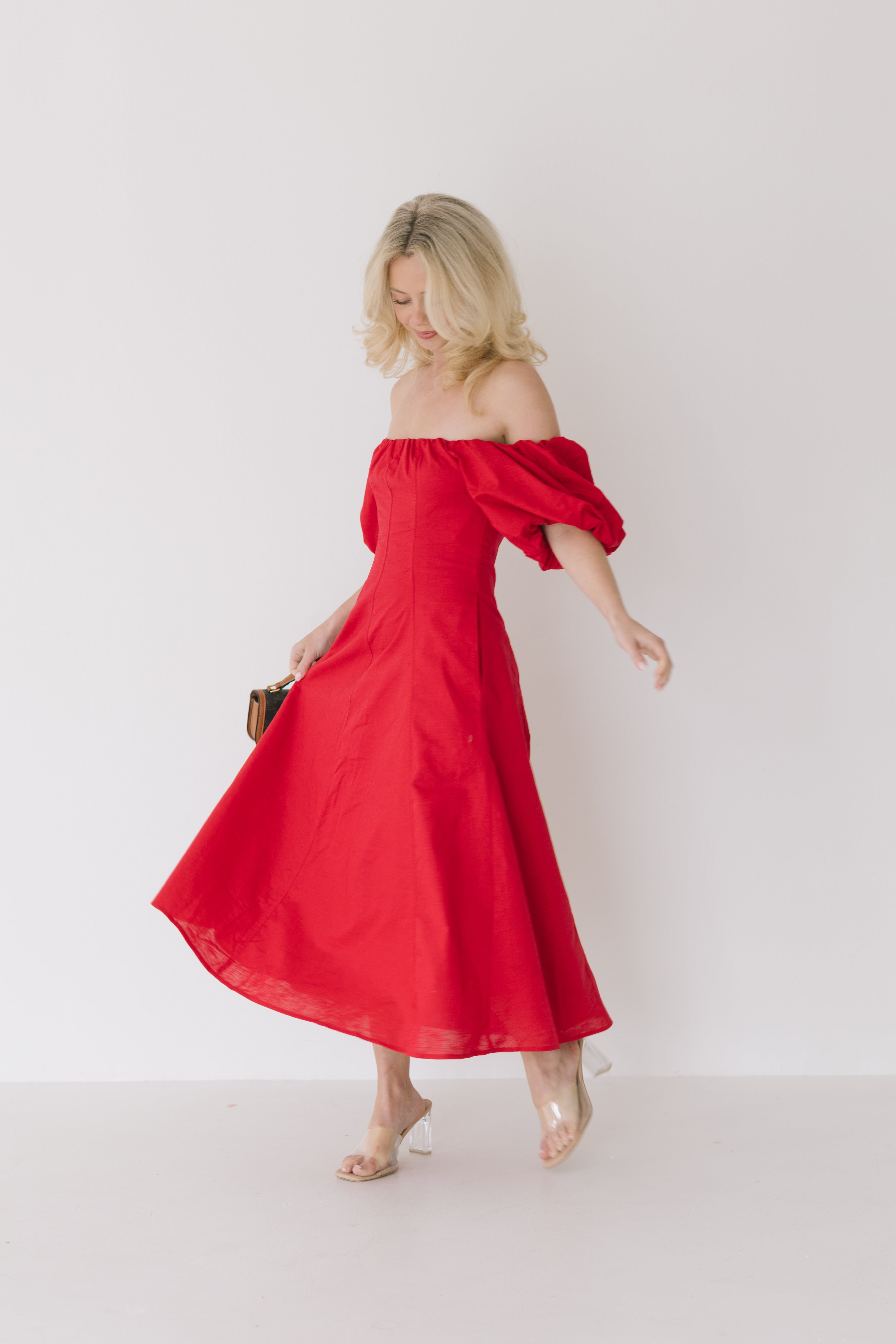 Sandy Puff Sleeve Midi Dress - Red