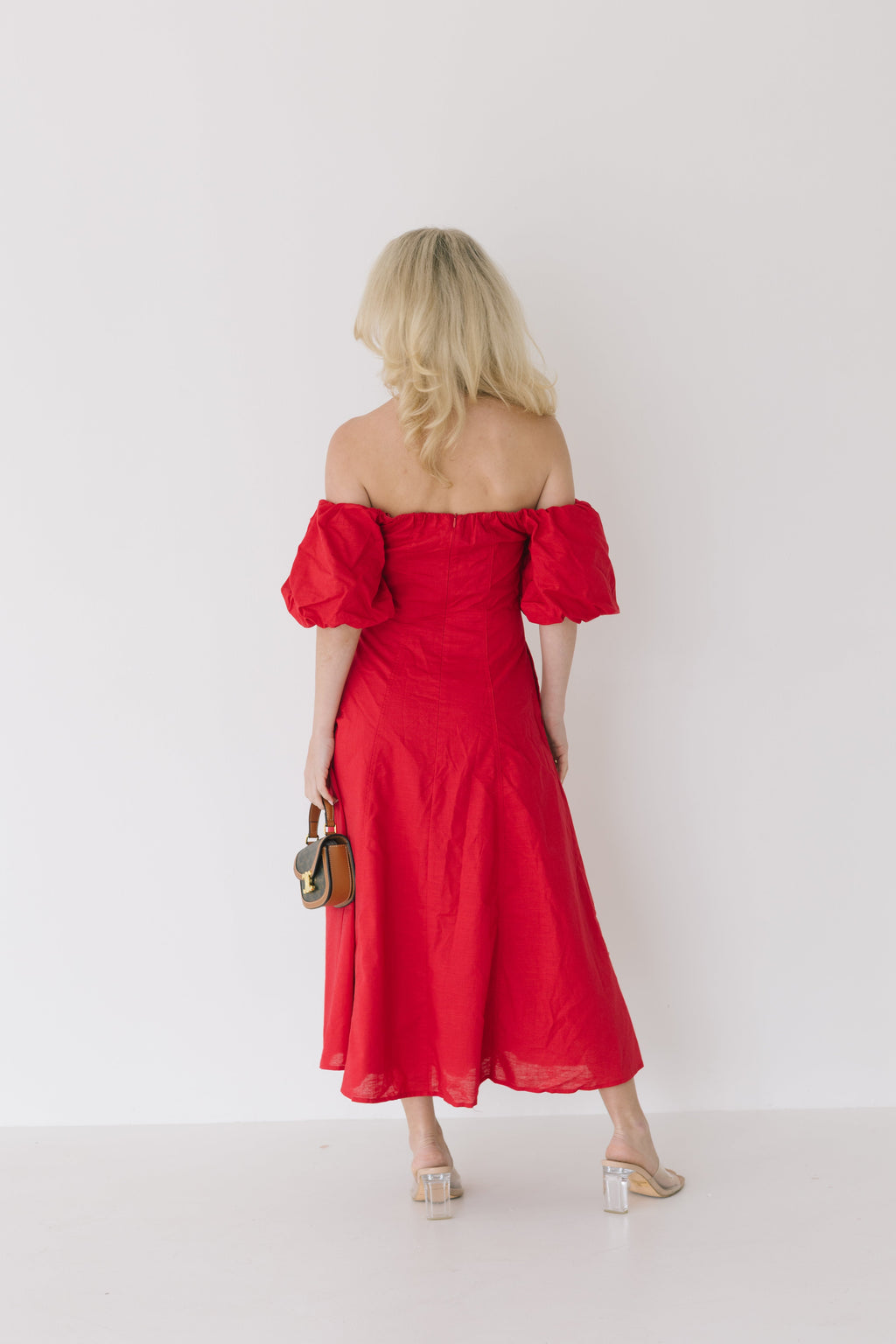 Sandy Puff Sleeve Midi Dress - Red