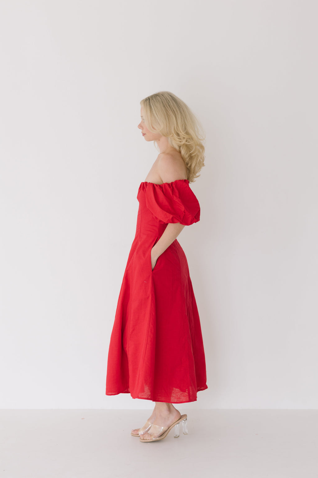 Sandy Puff Sleeve Midi Dress - Red