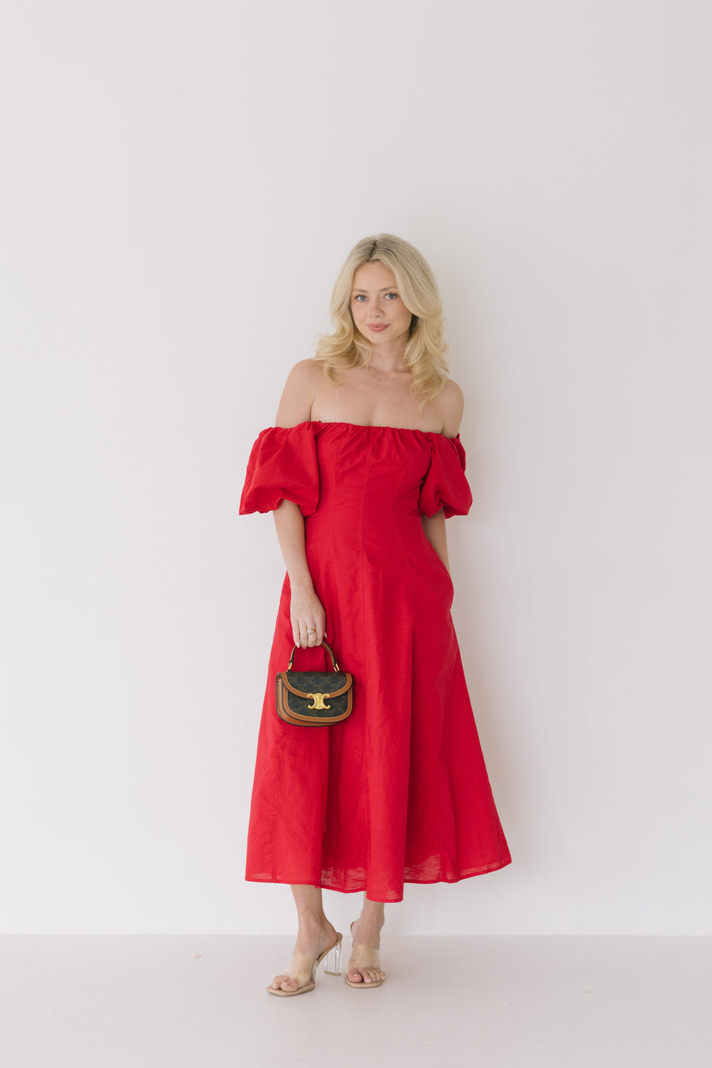 Sandy Puff Sleeve Midi Dress - Red