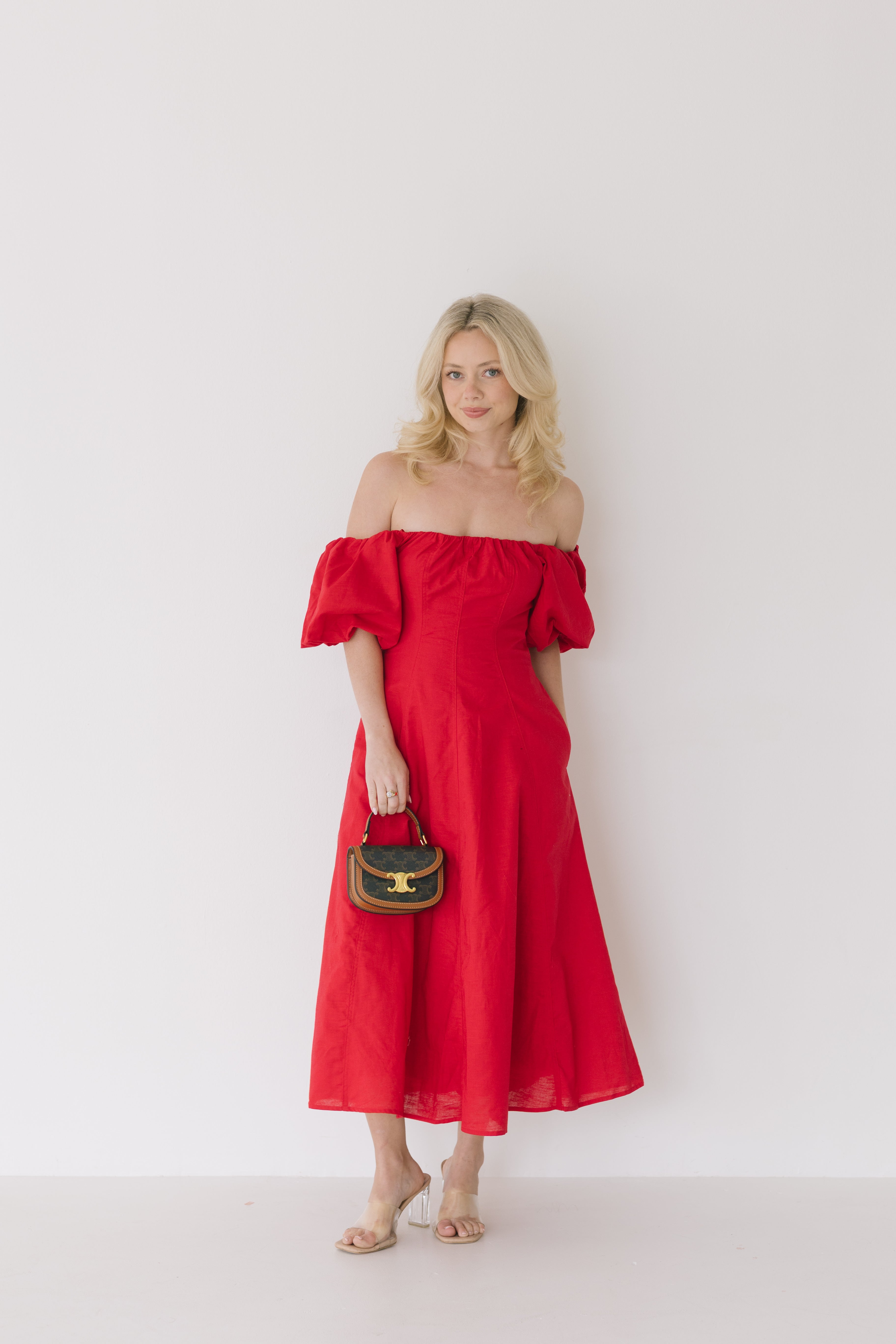 Sandy Puff Sleeve Midi Dress - Red