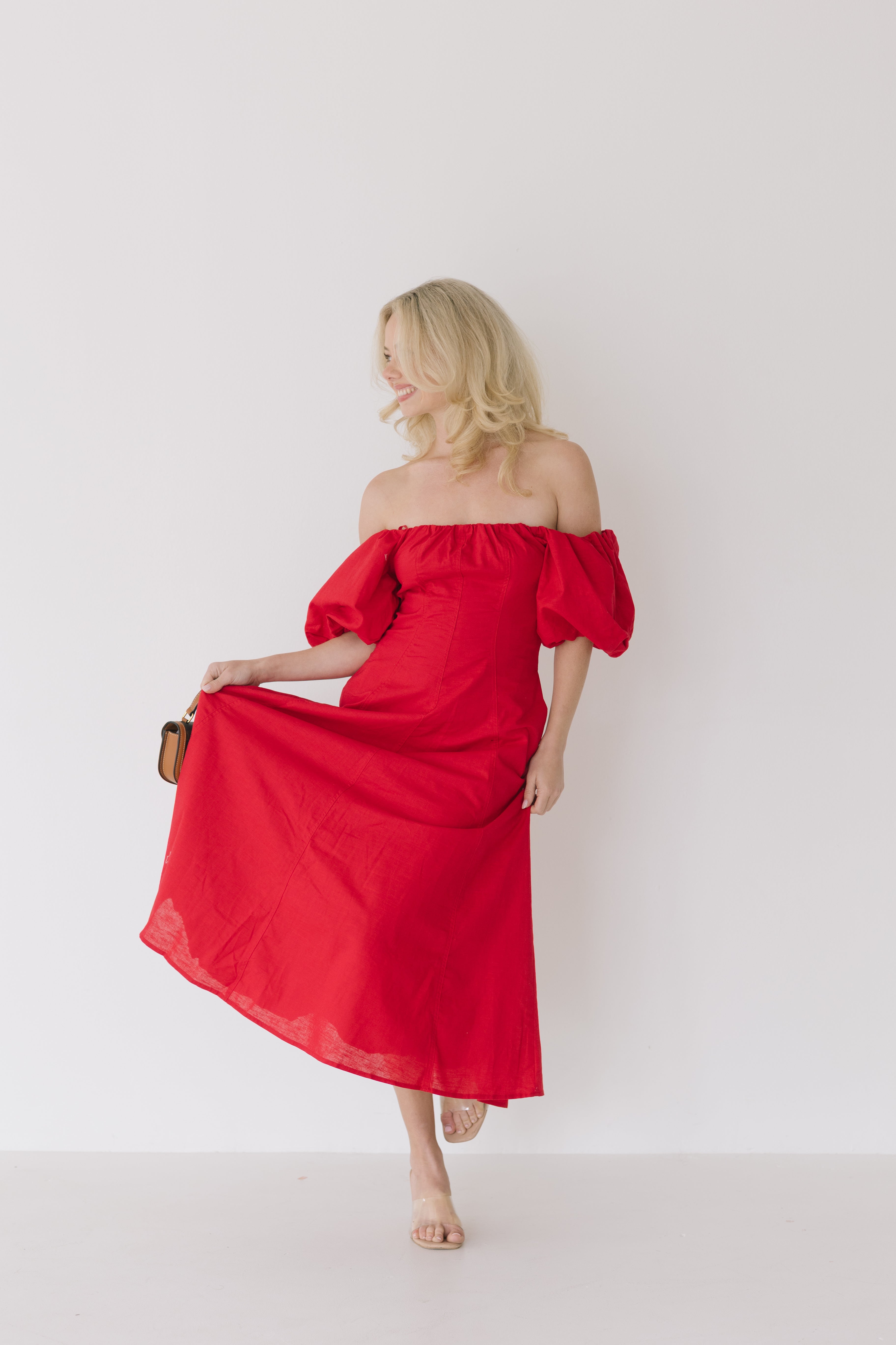 Sandy Puff Sleeve Midi Dress - Red