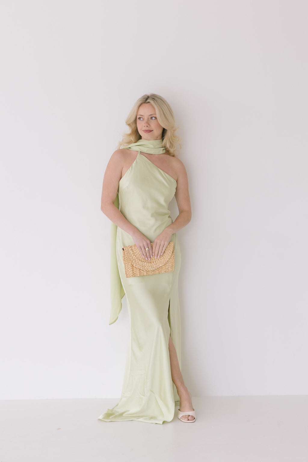 Nyla Asymmetrical Halter Scarf Dress - Light Sage