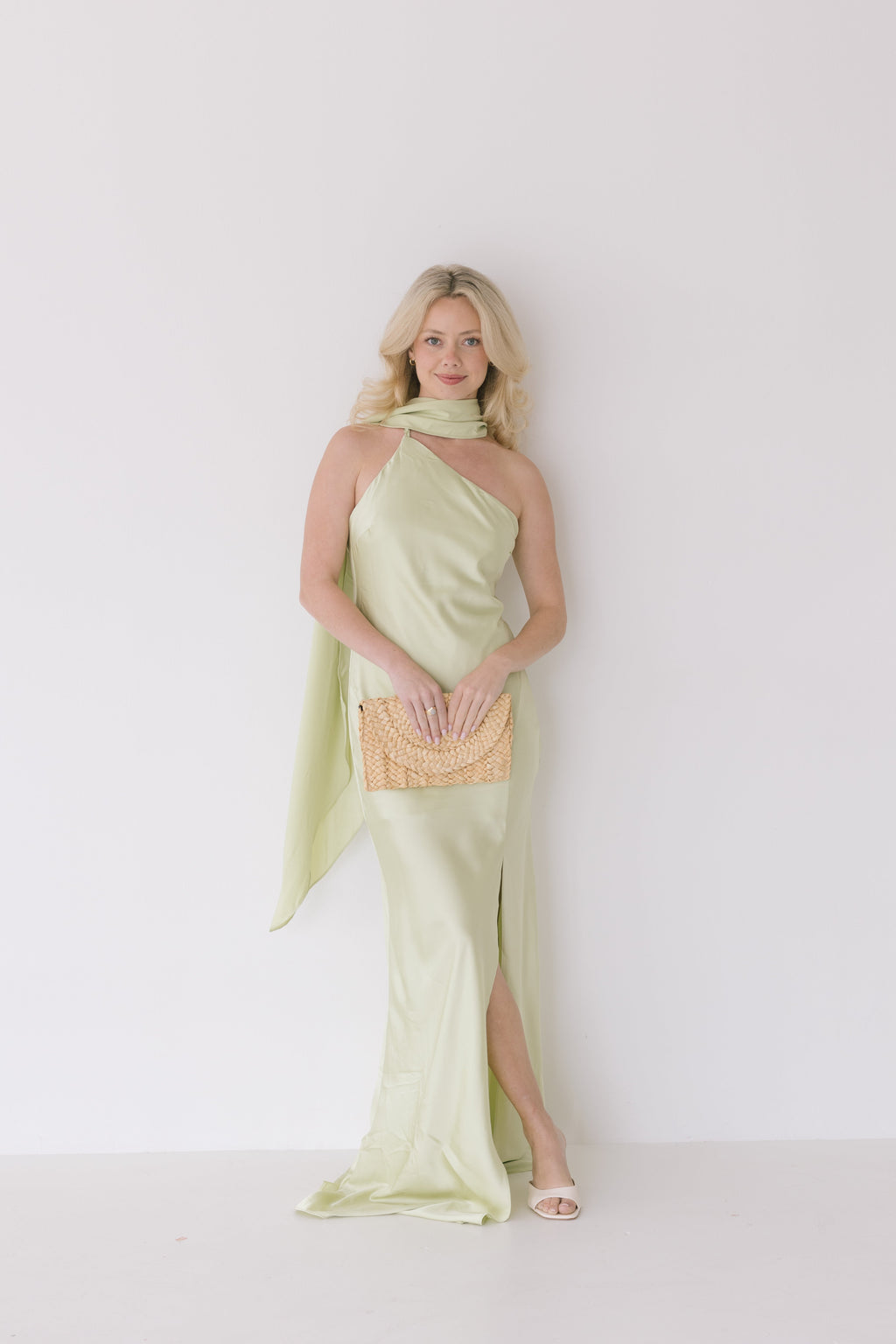 Nyla Asymmetrical Halter Scarf Dress - Light Sage