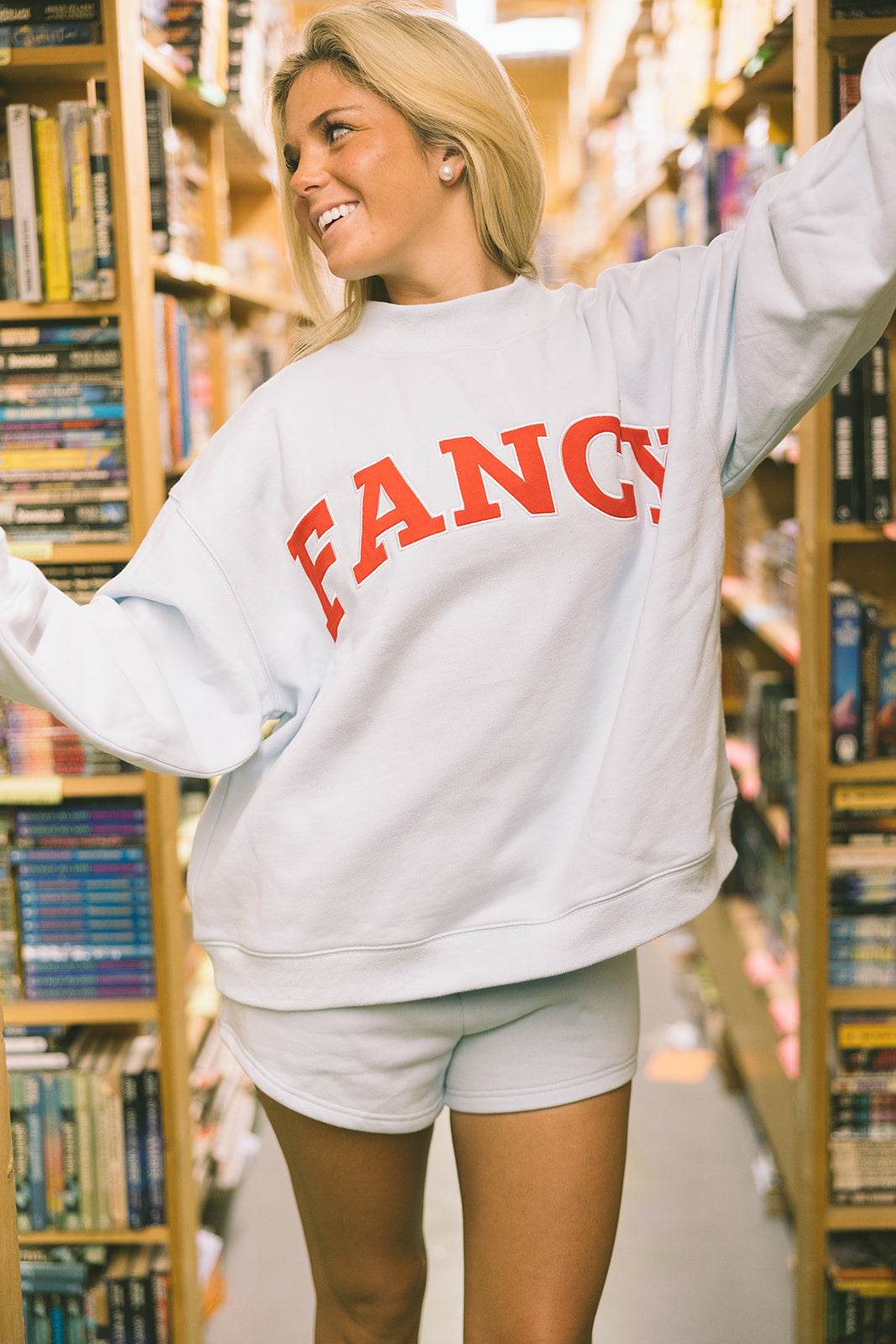 Fancy Oversized Fleece Mockneck - Powder Blue/Red