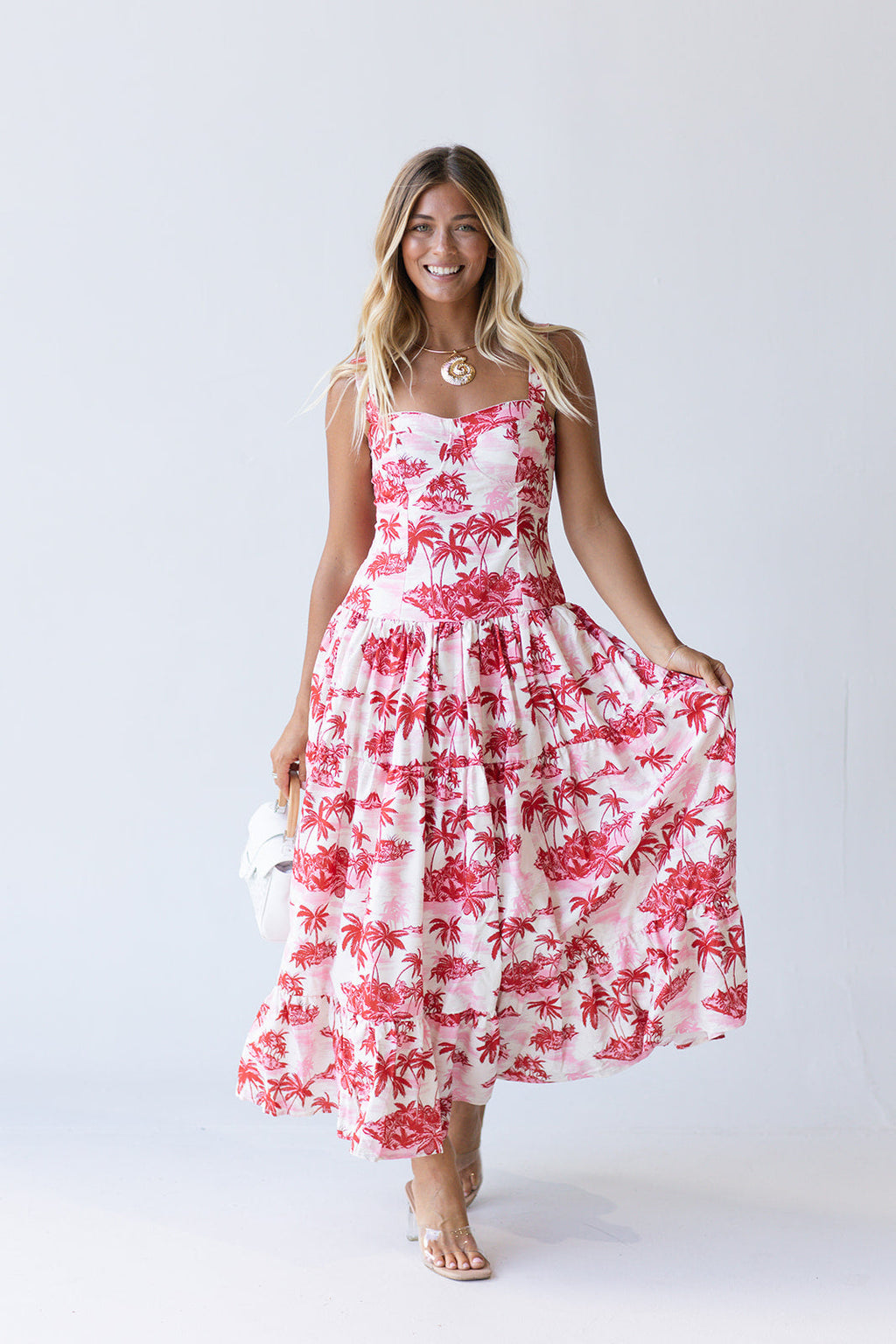 Colbie Midi Dress - Red/Pink Palm