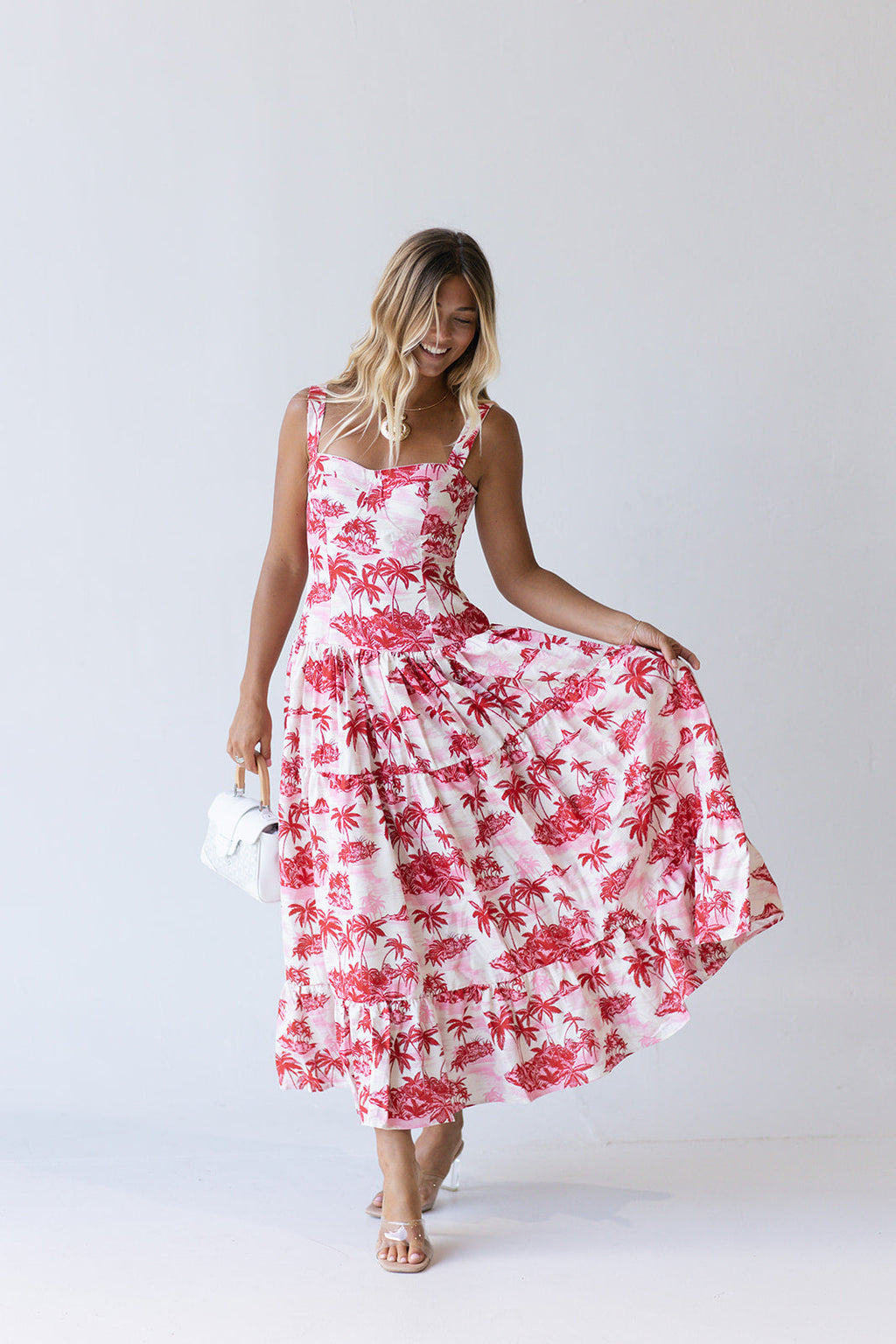 Colbie Midi Dress - Red/Pink Palm