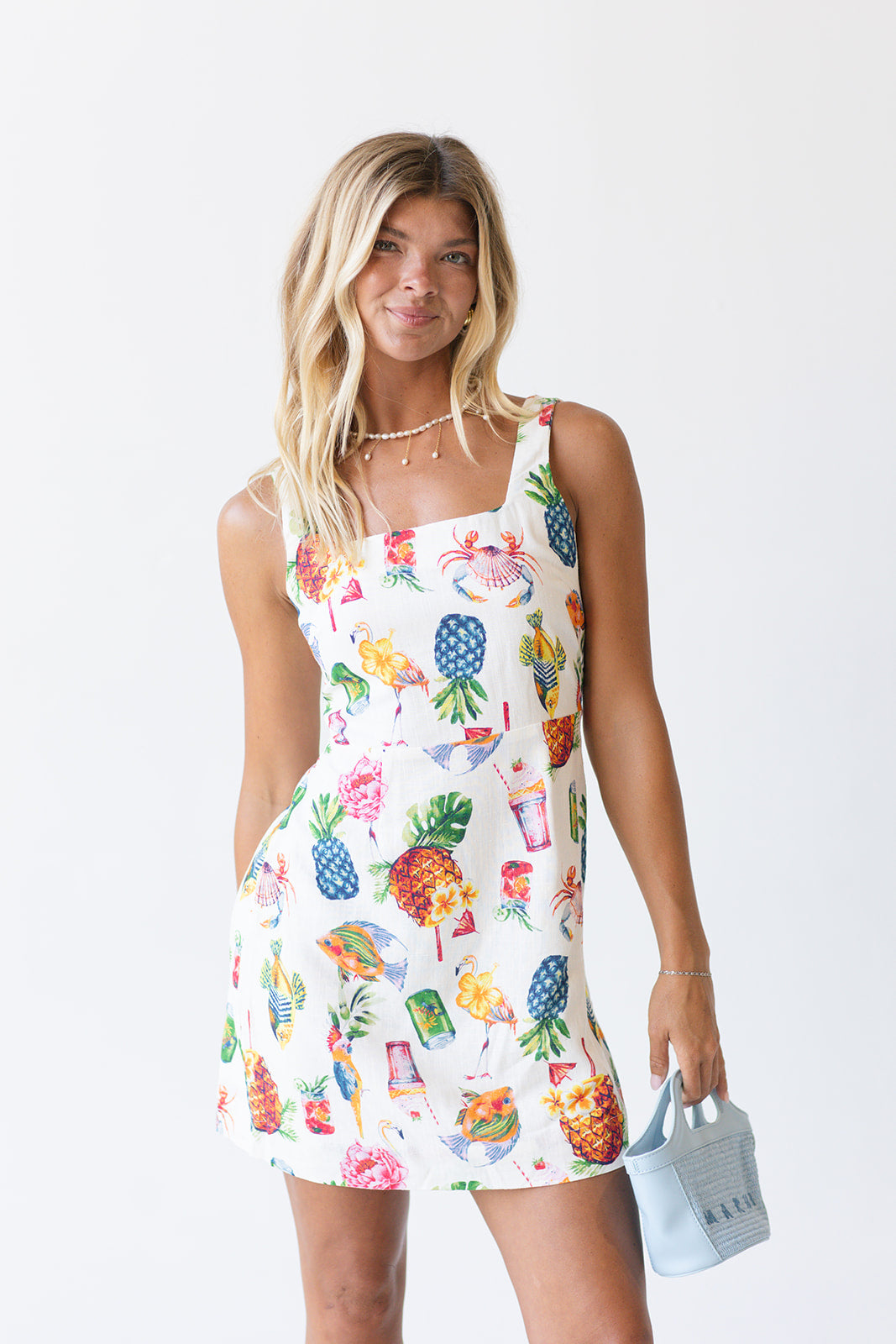 Poppy Tropical Print Mini Dress - Cream Multi