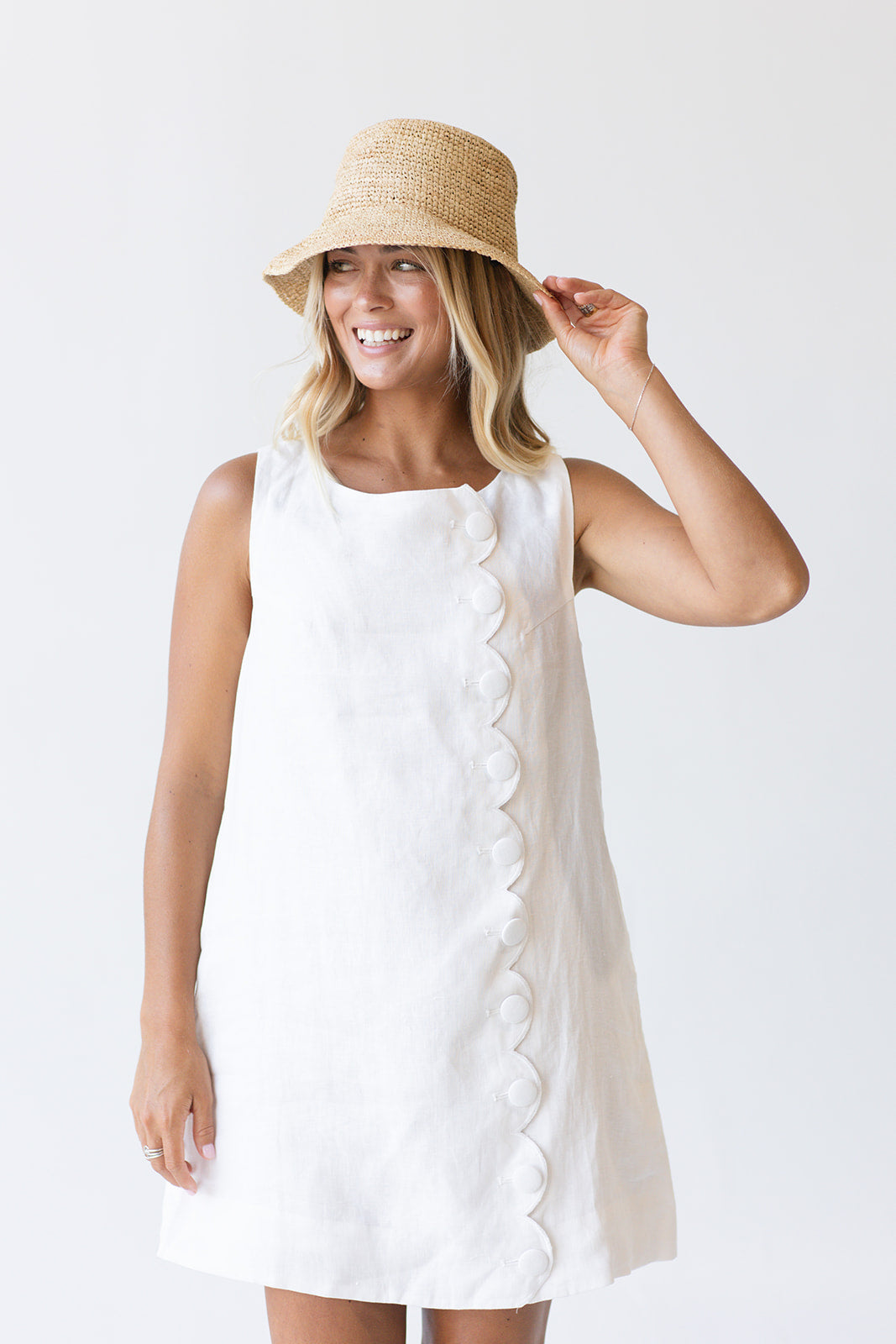 Maya Scallop Button Detail Mini Dress -Off White