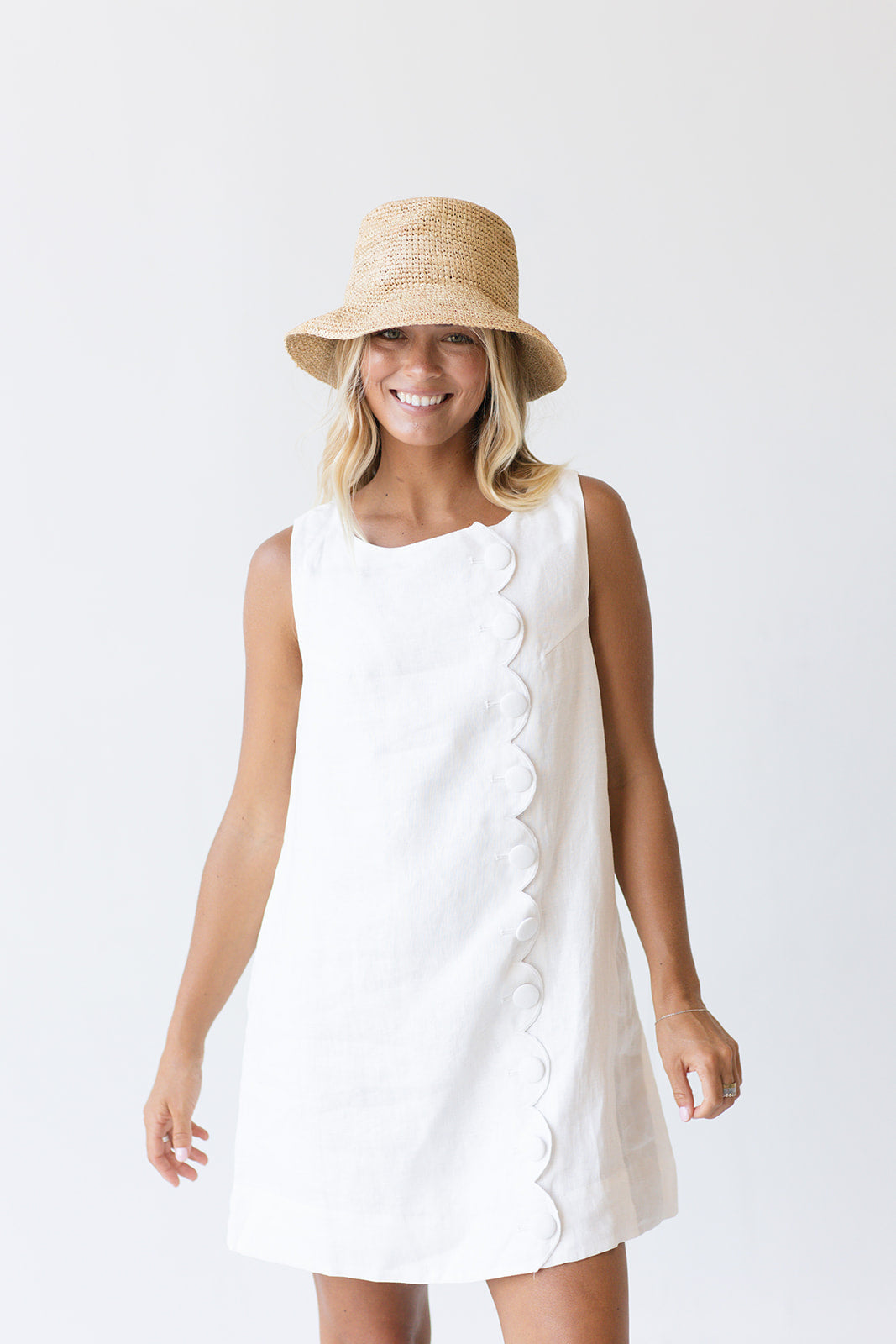 Maya Scallop Button Detail Mini Dress -Off White