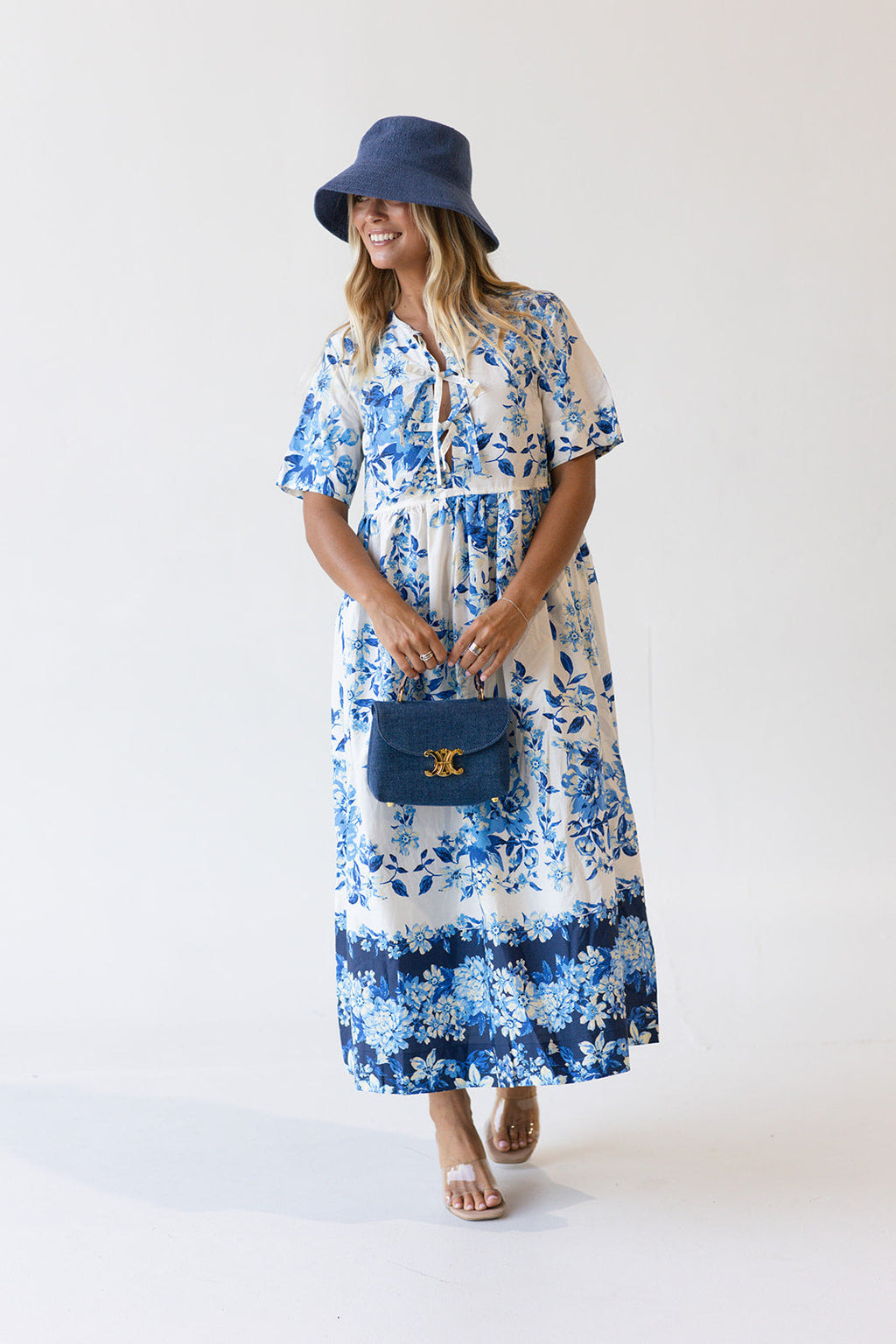 Lizzy Midi Floral Dress - White/Blue