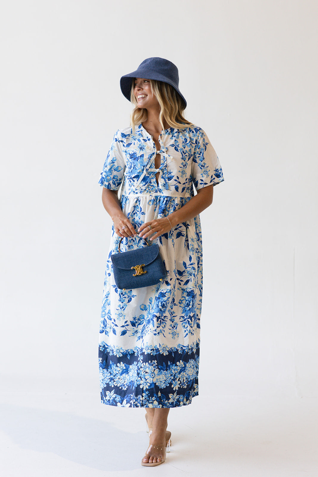 Lizzy Midi Floral Dress - White/Blue