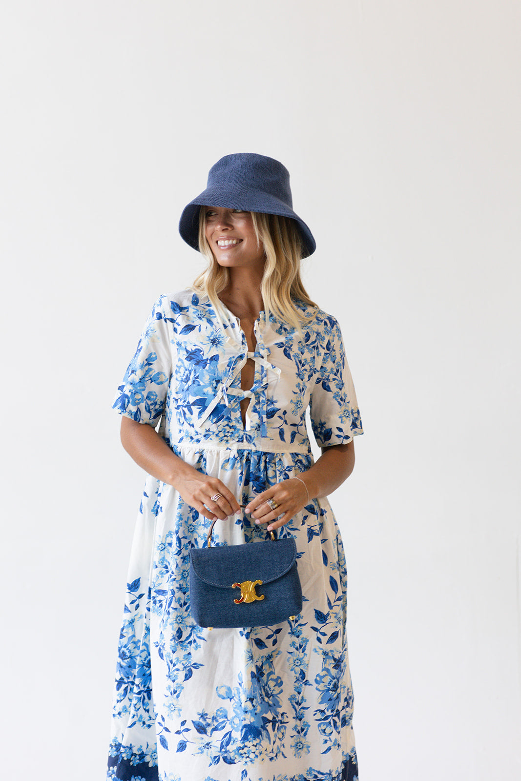 Lizzy Midi Floral Dress - White/Blue