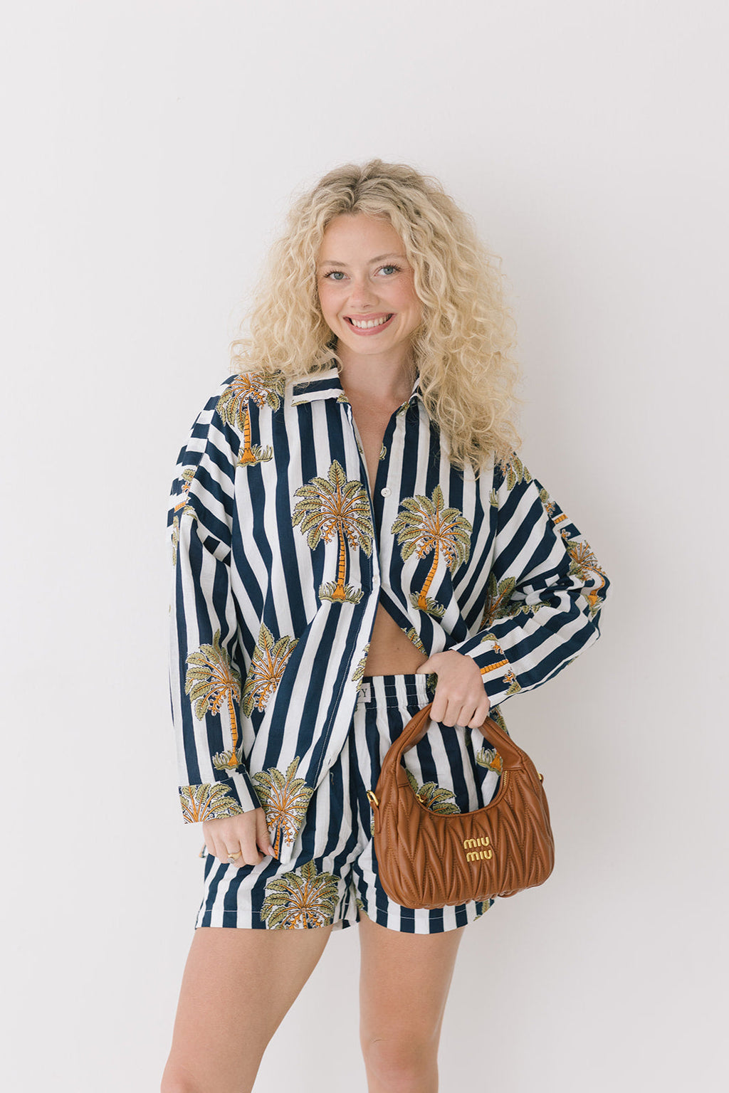 Kate Navy Palm Striped Button Boxer Set - Navy/White